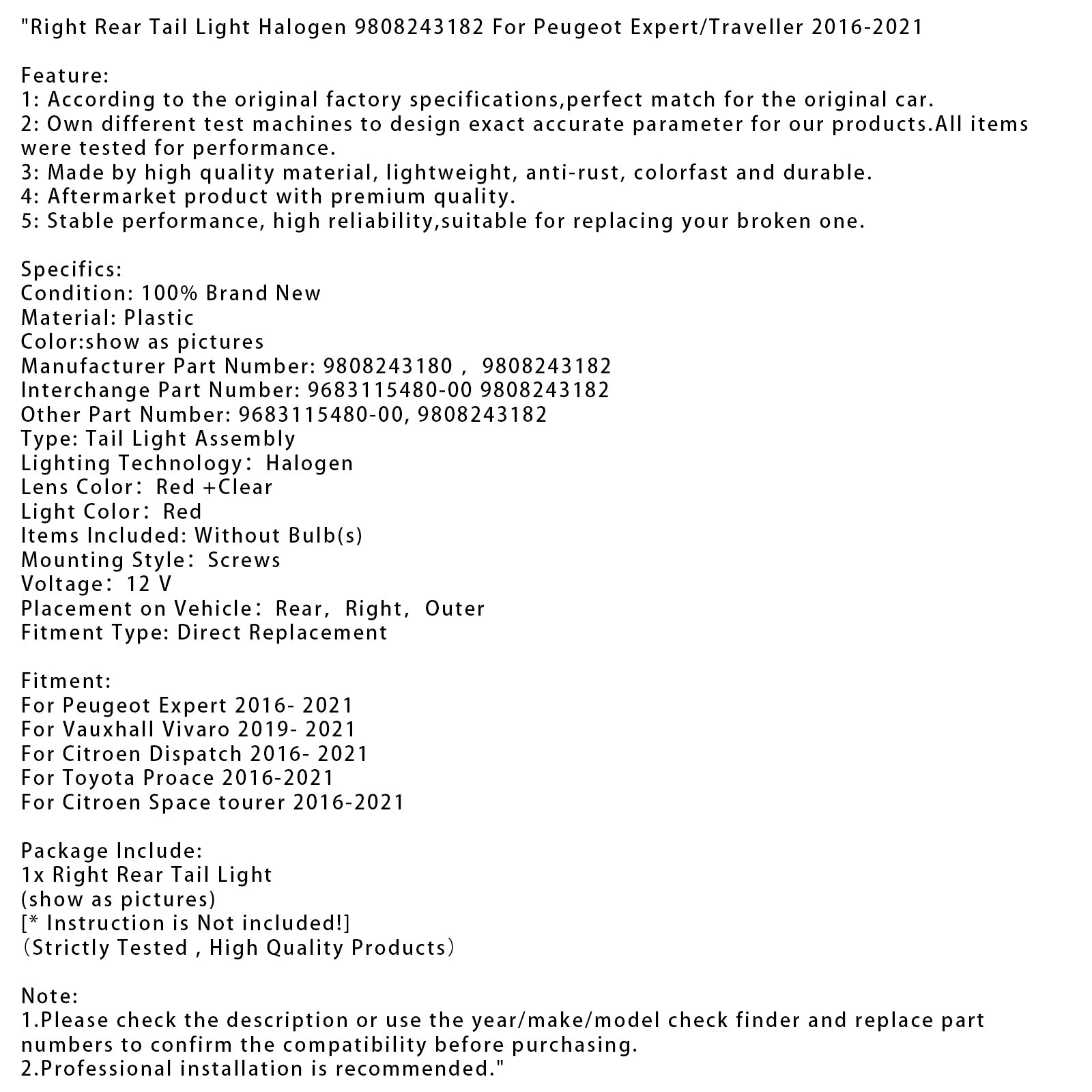 2016-2021 Citroen Dispatch Right Rear Tail Light Halogen 9808243180 9808243180 9808243182