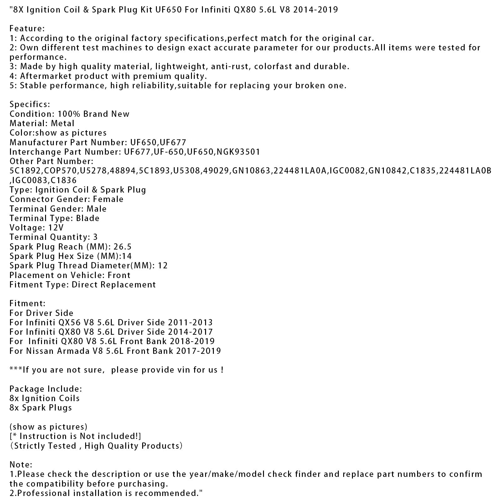 2018-2019 Infiniti QX80 V8 5.6L Front Bank 8X Ignition Coil & Spark Plug Kit UF650