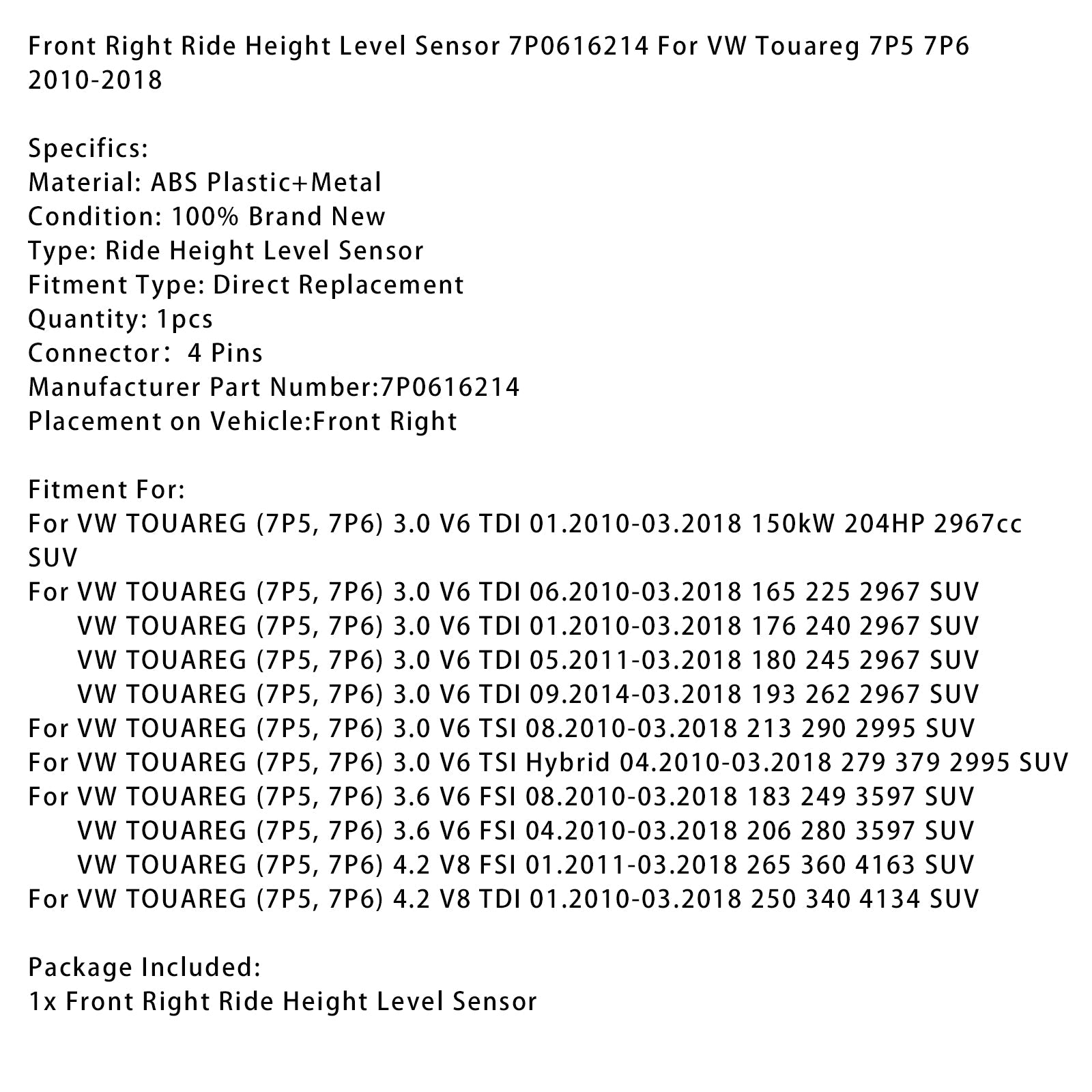 Front Right Ride Height Level Sensor 7P0616214 For VW Touareg 7P5 7P6 2010-2018