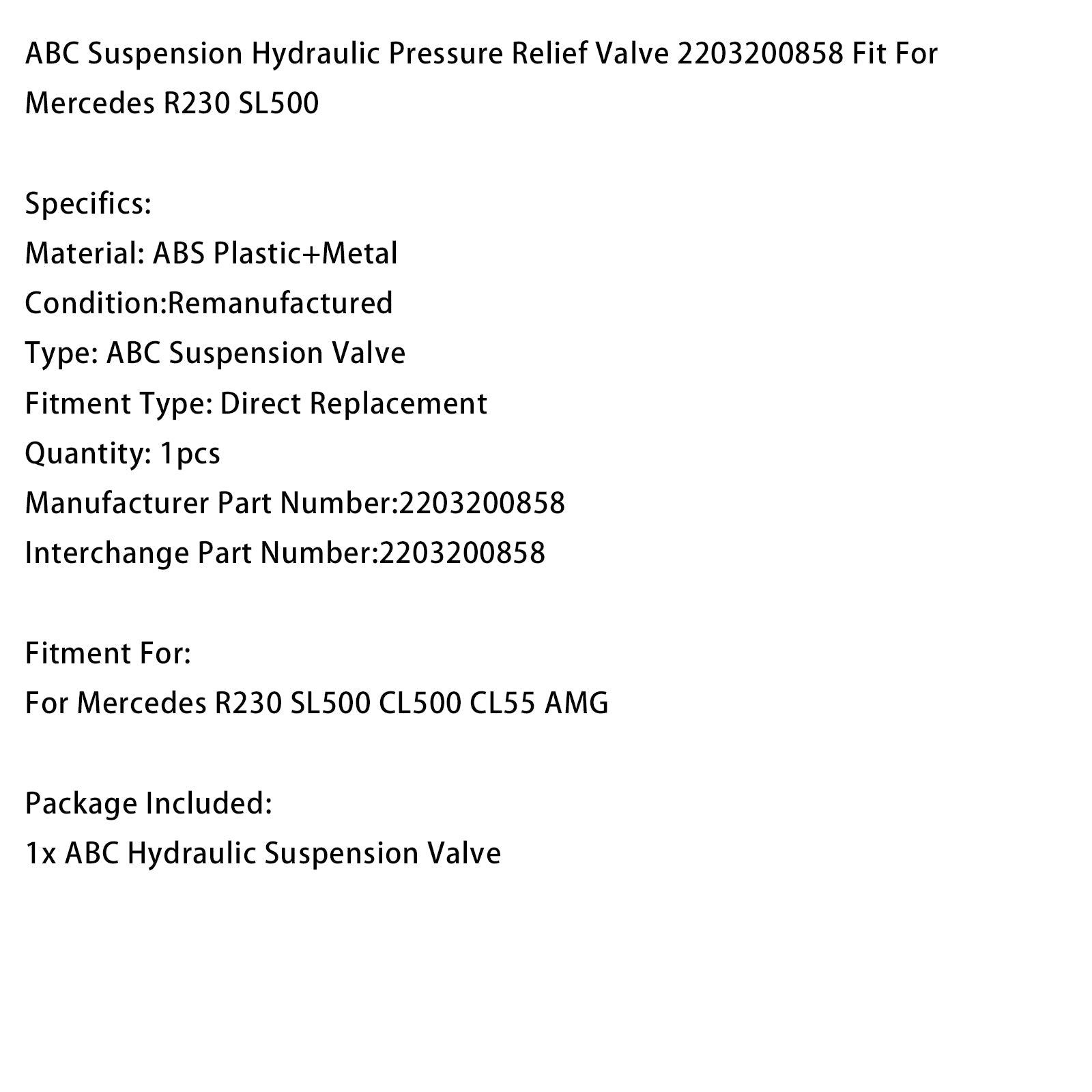 Mercedes R230 SL500 CL500 CL55 AMG ABC Suspension Hydraulic Pressure Relief Valve 2203200858