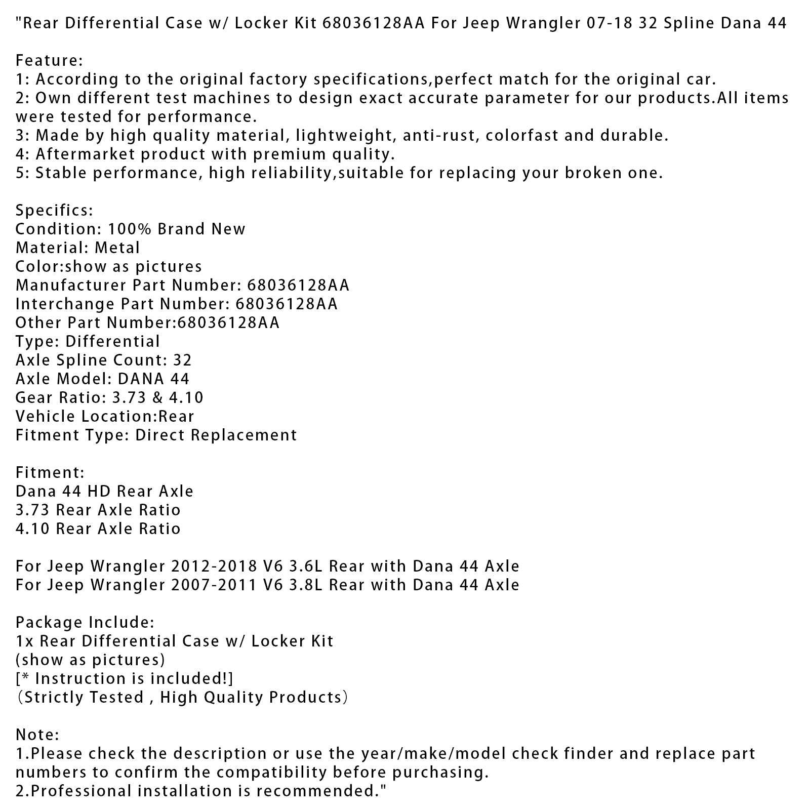 2007-2011 Jeep Wrangler V6 3.8L Rear with Dana 44 Axle Rear Differential Case w/ Locker Kit 68036128AA