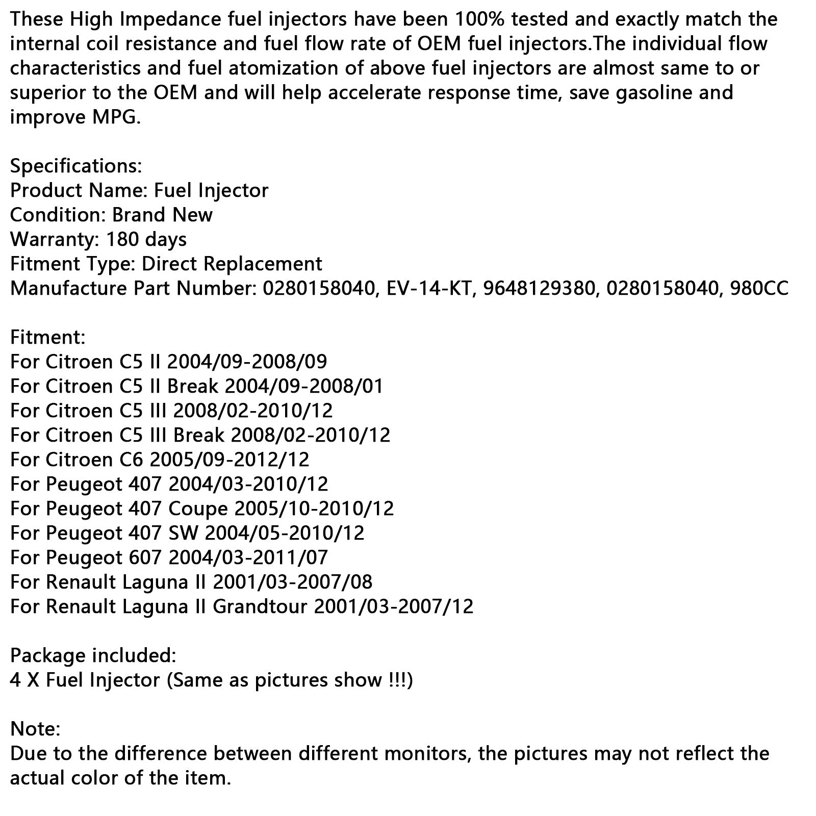 4PCS Fuel Injector 0280158040 980CC Fit Citroen Fit Peugeot Fit Renault