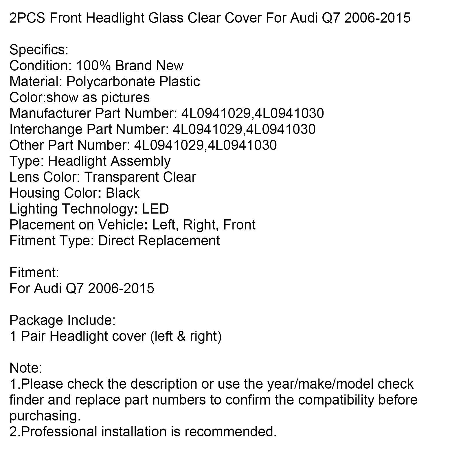 2PCS Front Headlight Glass Clear Cover For Audi Q7 2006-2015