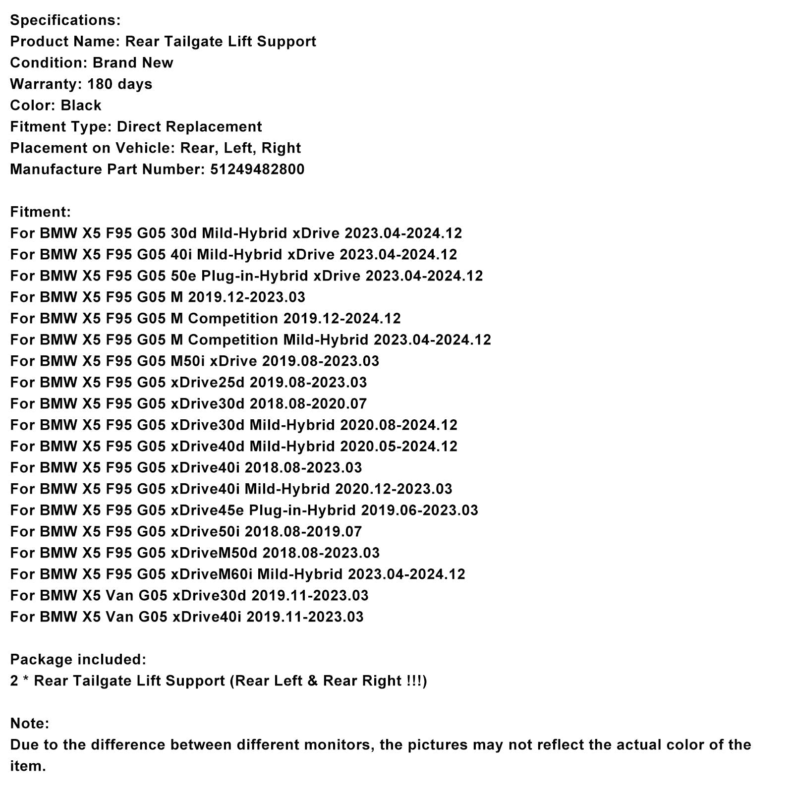 2019.11-2023.03 BMW X5 Van G05 xDrive40i 2PCS Rear Electric Tailgate Gas Strut 51249482800