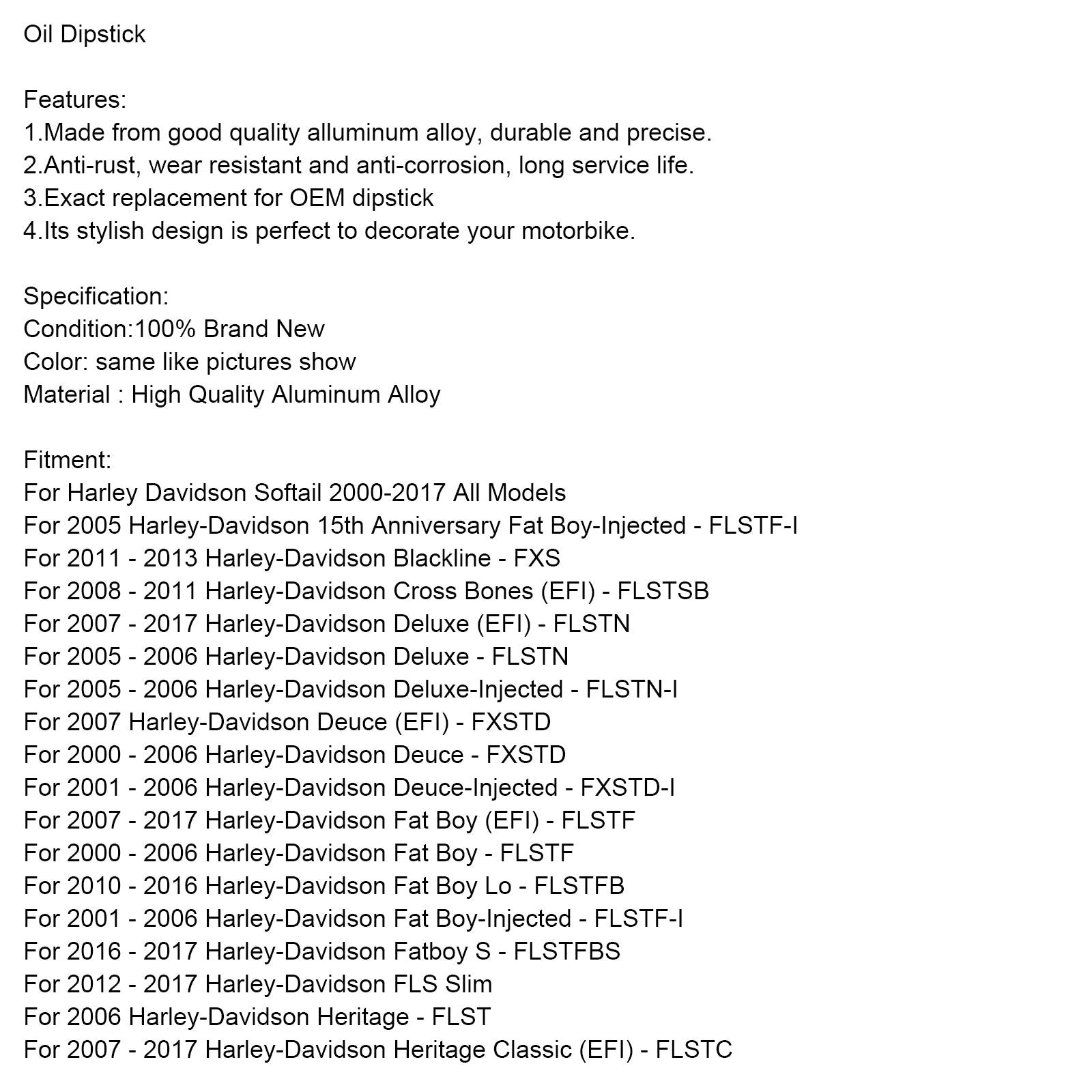 Oil Dipstick Tank Cap Plug For Softail 2000-2017 All Models