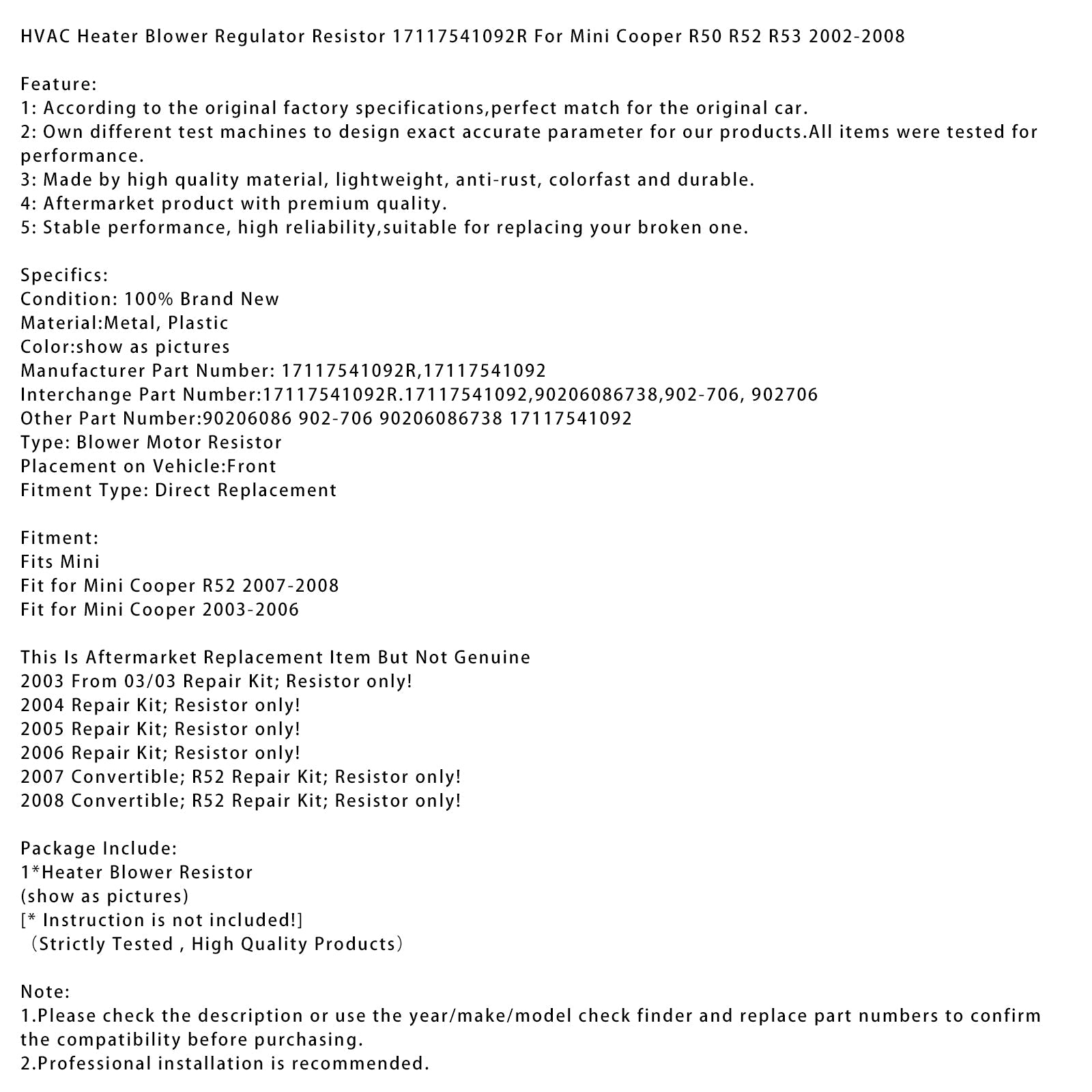 HVAC Heater Blower Regulator Resistor 17117541092R For Mini Cooper 2002-2008