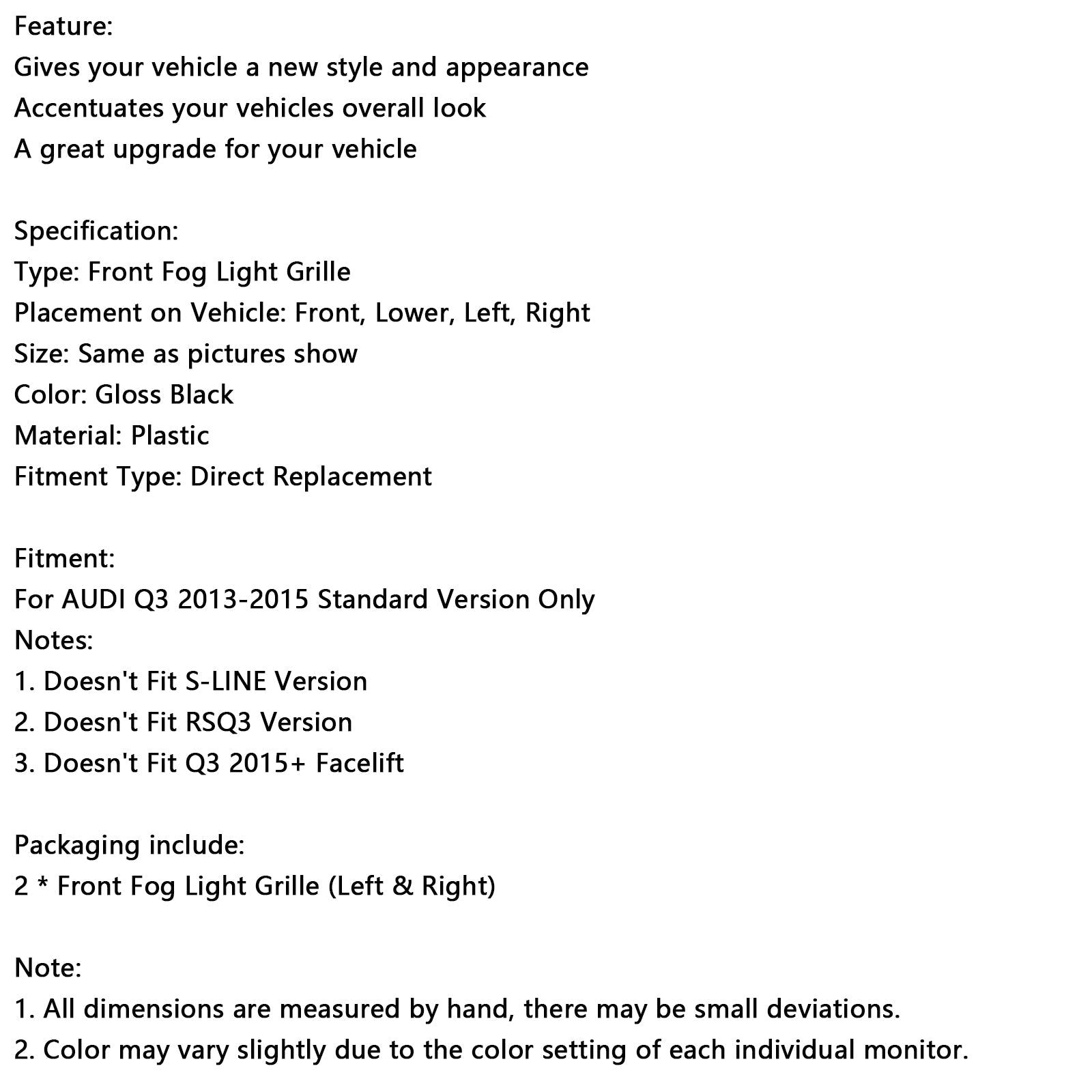 2013-2015 Audi Q3 RSQ3 Style Honeycomb Front Fog Light Covers Gloss Black