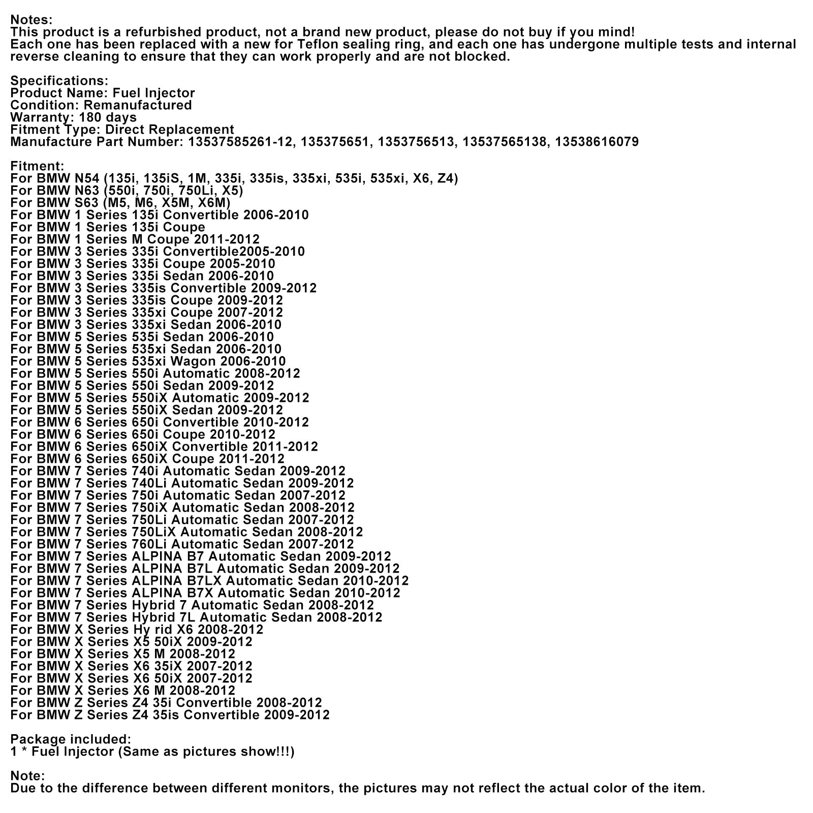 2008-2012 BMW 7 Series 750LiX Automatic Sedan 1PCS Fuel Injector 13537585261-12 135375651