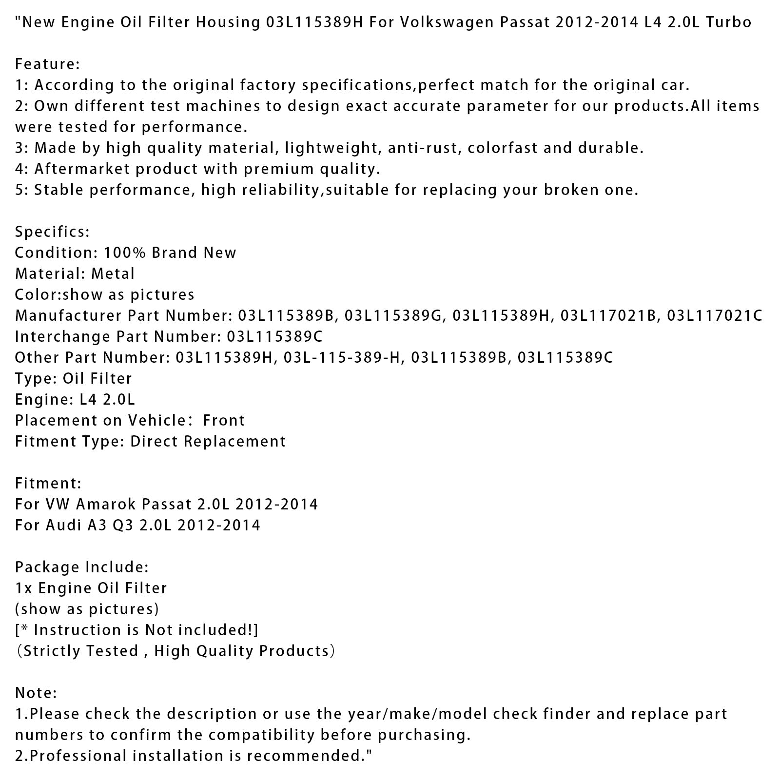 2012-2014 Audi A3 Q3 2.0L New Engine Oil Filter Housing 03L115389B 03L115389C