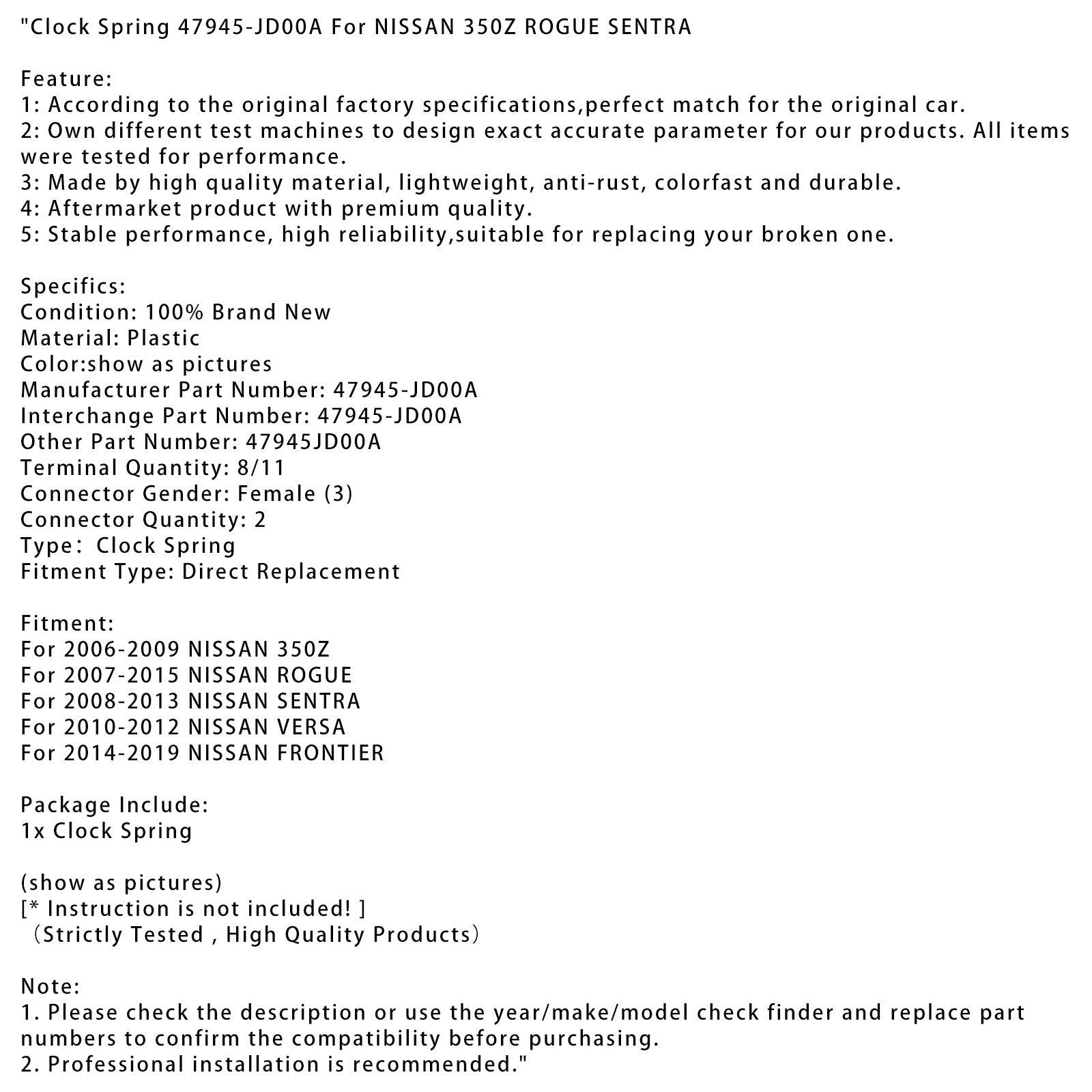 Clock Spring 47945-JD00A For NISSAN 350Z ROGUE SENTRA