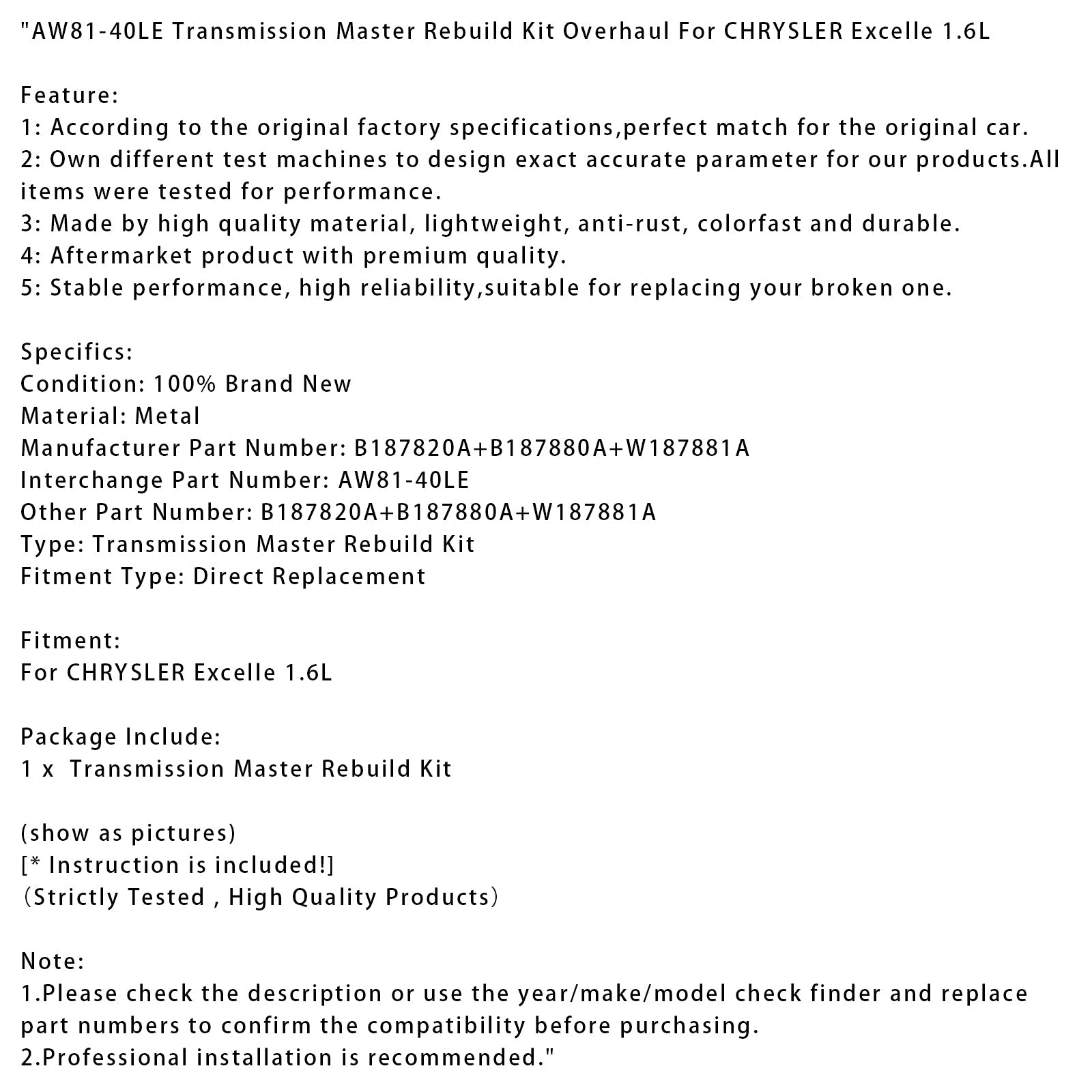 CHRYSLER Excelle 1.6L Transmission Master Rebuild Kit Overhaul AW81-40LE