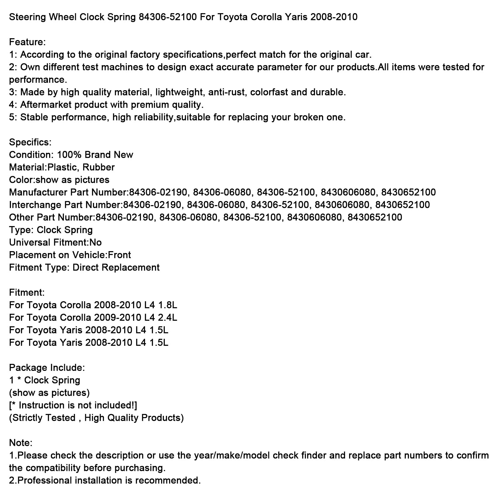 Steering Wheel Clock Spring 84306-52100 For Toyota Corolla Yaris 2008-2010