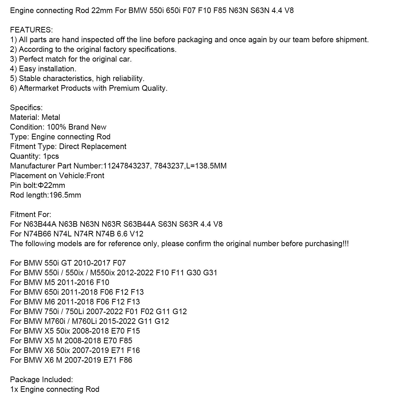 Engine connecting Rod 22mm For BMW 550i 650i F07 F10 F85 N63N S63N 4.4 V8