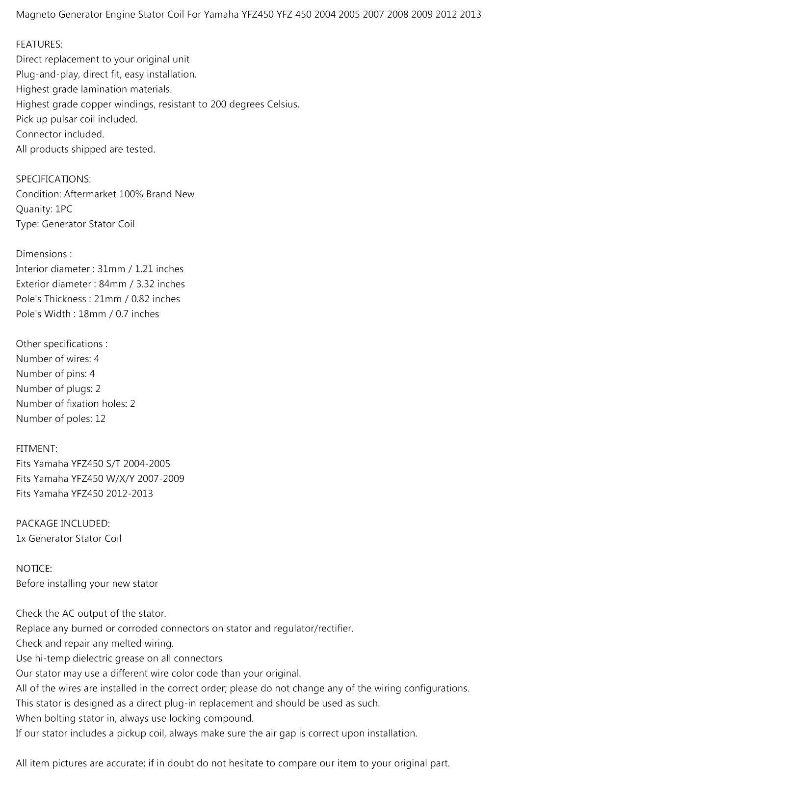 Estator Generador P/yamaha Yfz 450 2004 2005 2007 2008