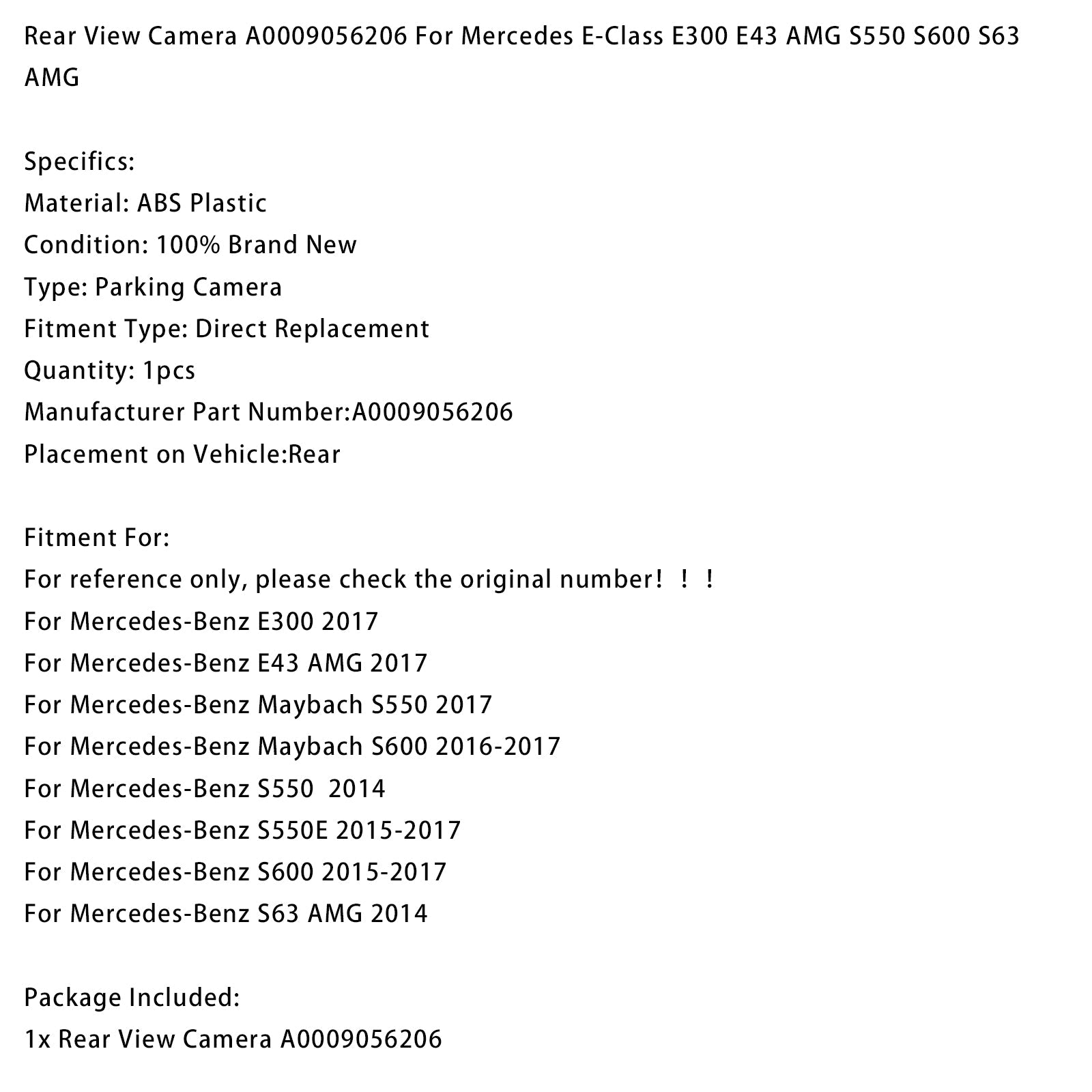 2017 Mercedes-Benz E43 AMG Rear View Camera A0009056206