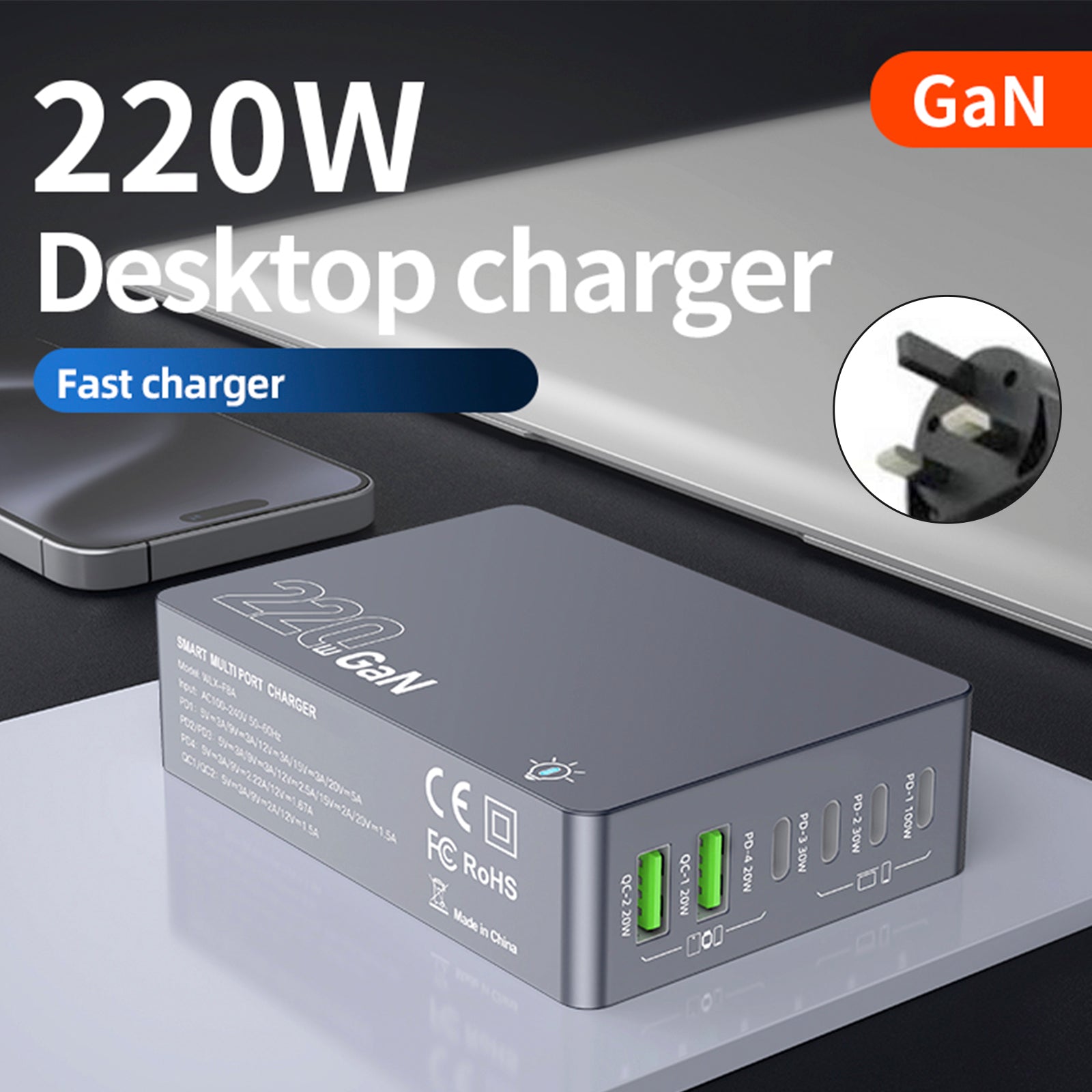 F8A Charging Station USB 6-Port Fast Charger PD100W Charging Stand Smart Charger