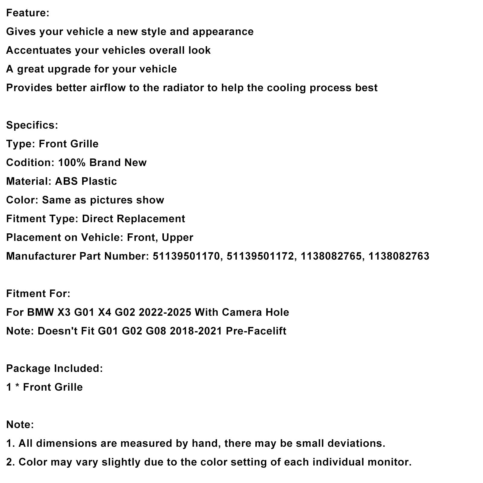 2022-2025 BMW X3 G01 X4 G02 Front Bumper Kidney Grille Glossy Black 51139501170