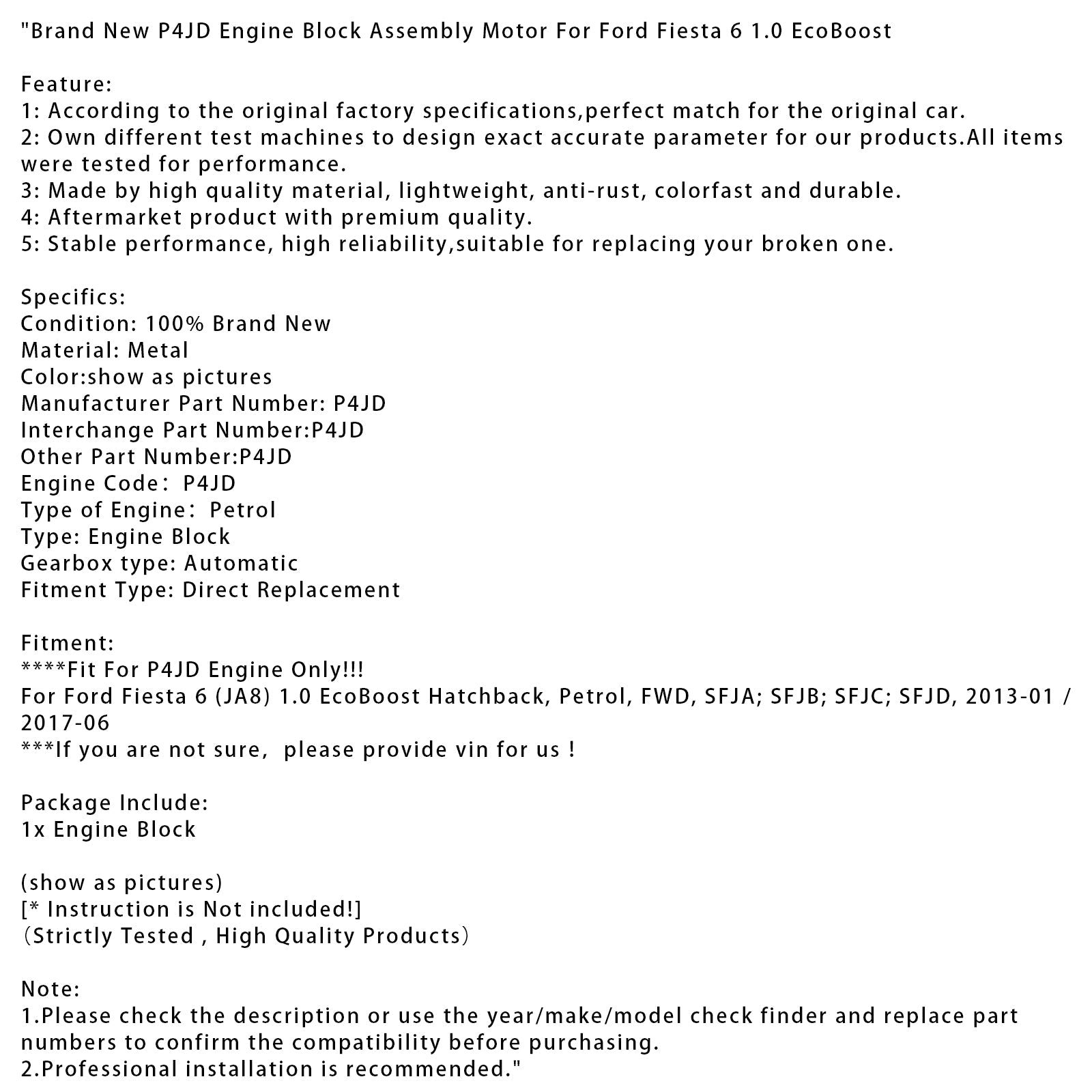 Brand New P4JD Engine Block Assembly Motor For Ford Fiesta 6 1.0 EcoBoost