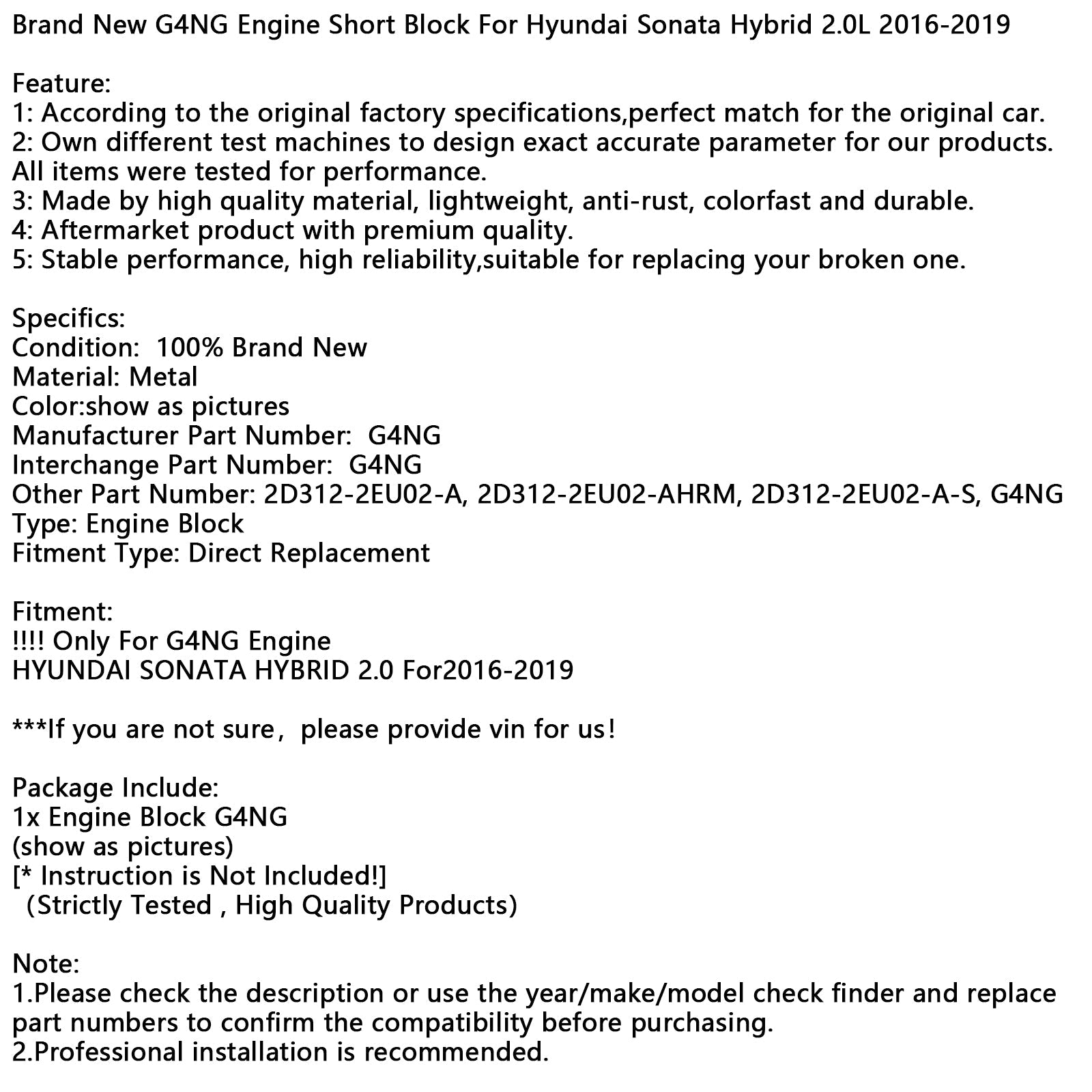 Brand New G4NG Engine Short Block For Hyundai Sonata Hybrid 2.0L 2016-2019