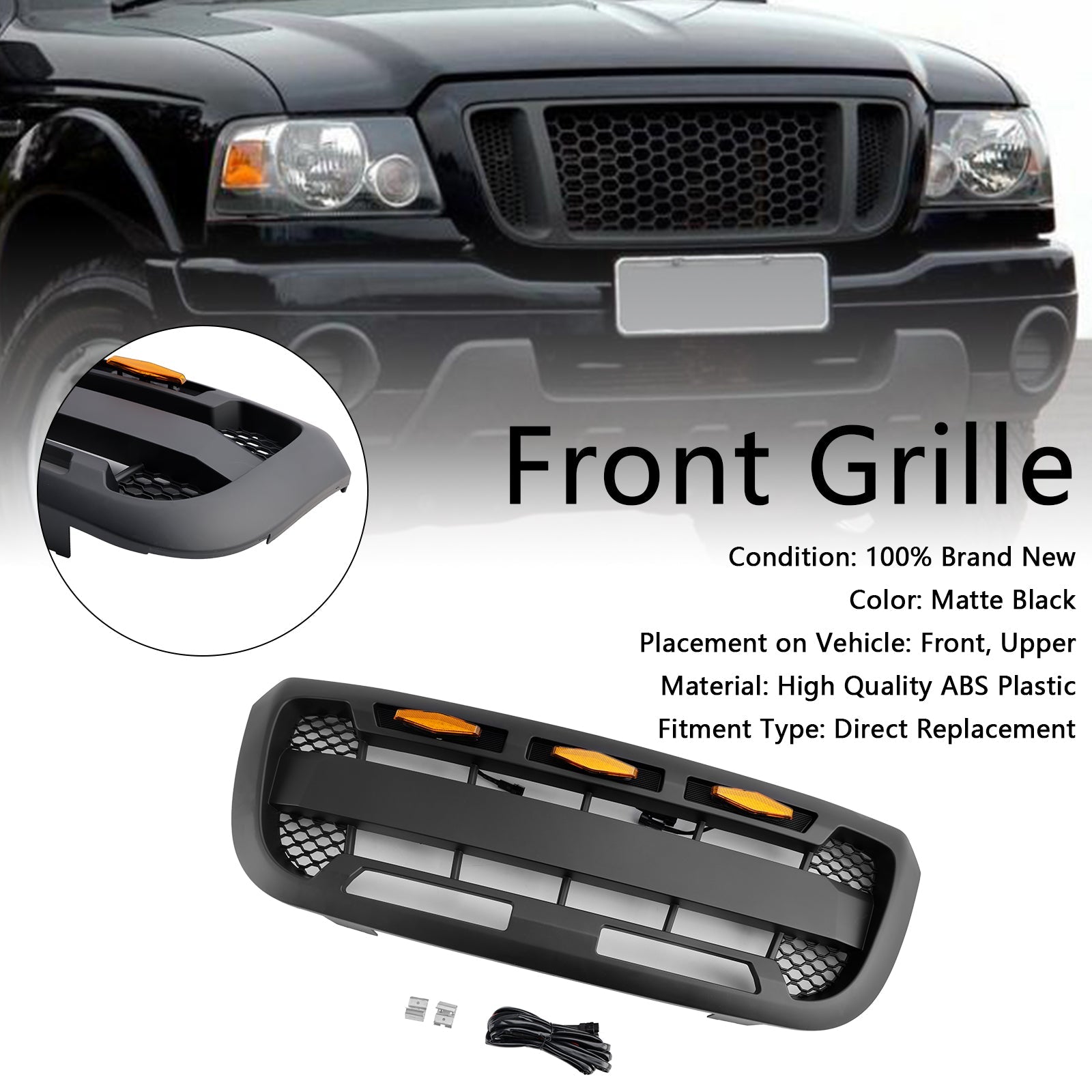 Matt Black Front Bumper Grill Grille Fit Ford Ranger 2004-2011 With LED Light