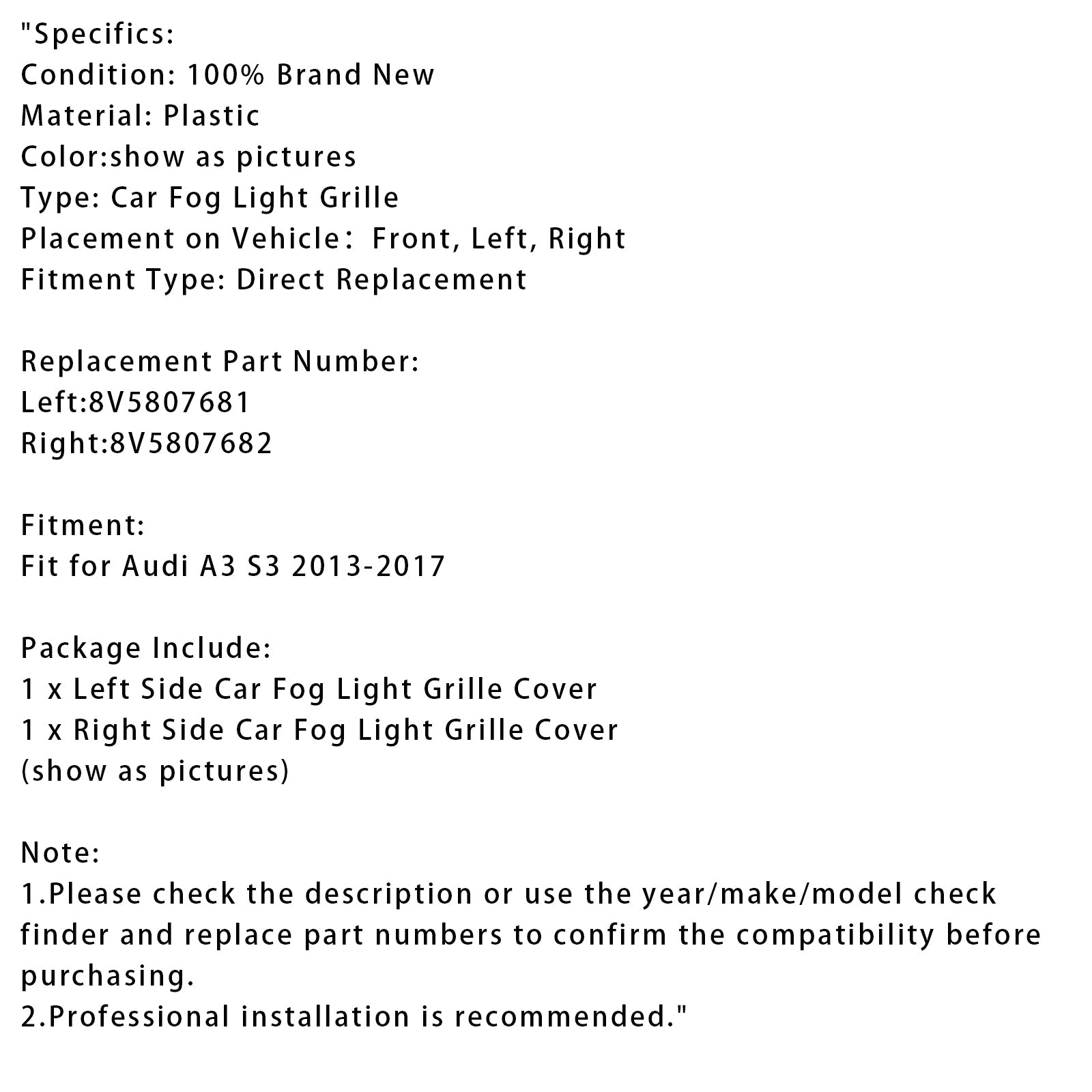 2013-2017 Audi A3 S3 2X Car Front Bumper Fog Light Grilles