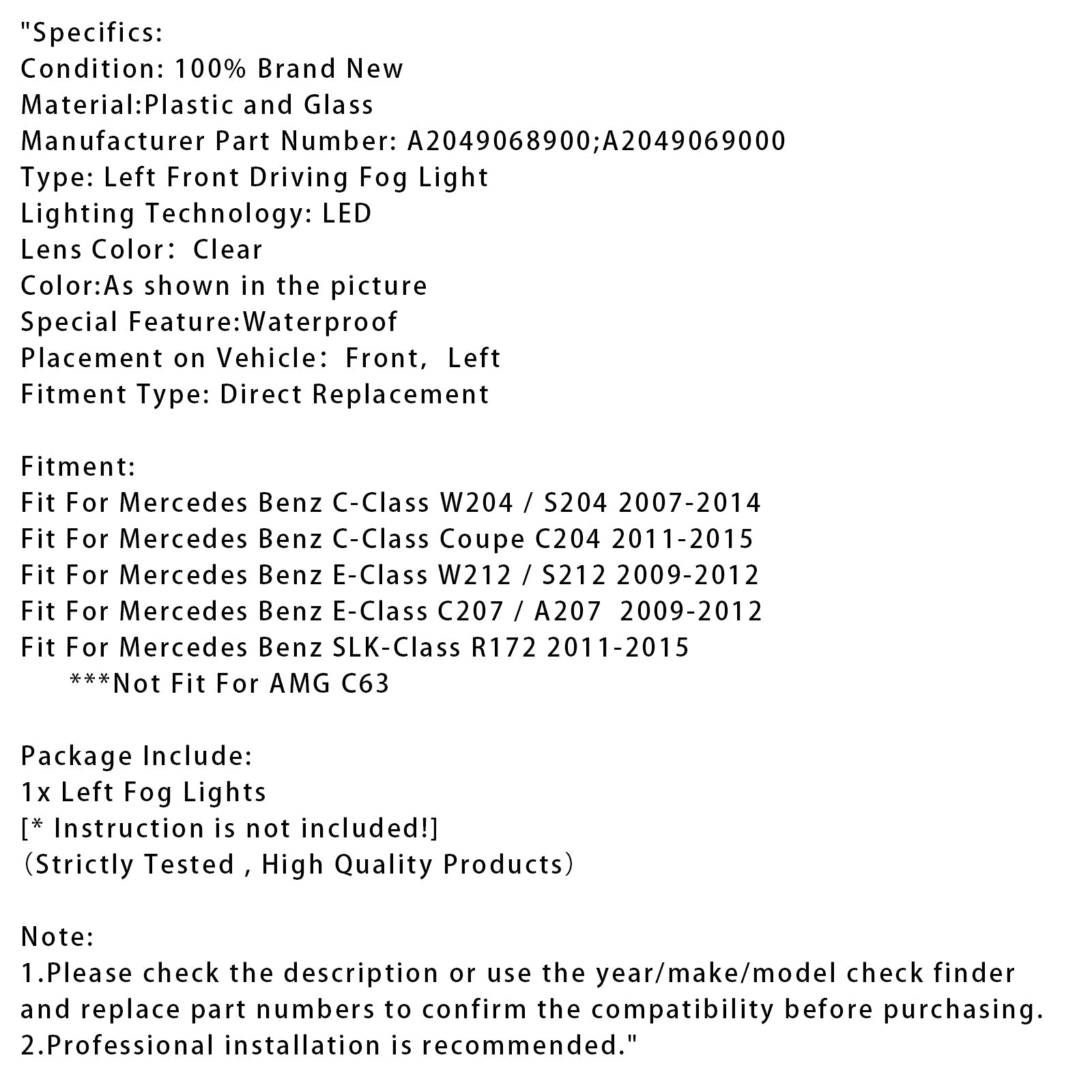 LED Daytime Running Left Fog Lights For Mercedes Benz W204 S204 W212 2007-2014