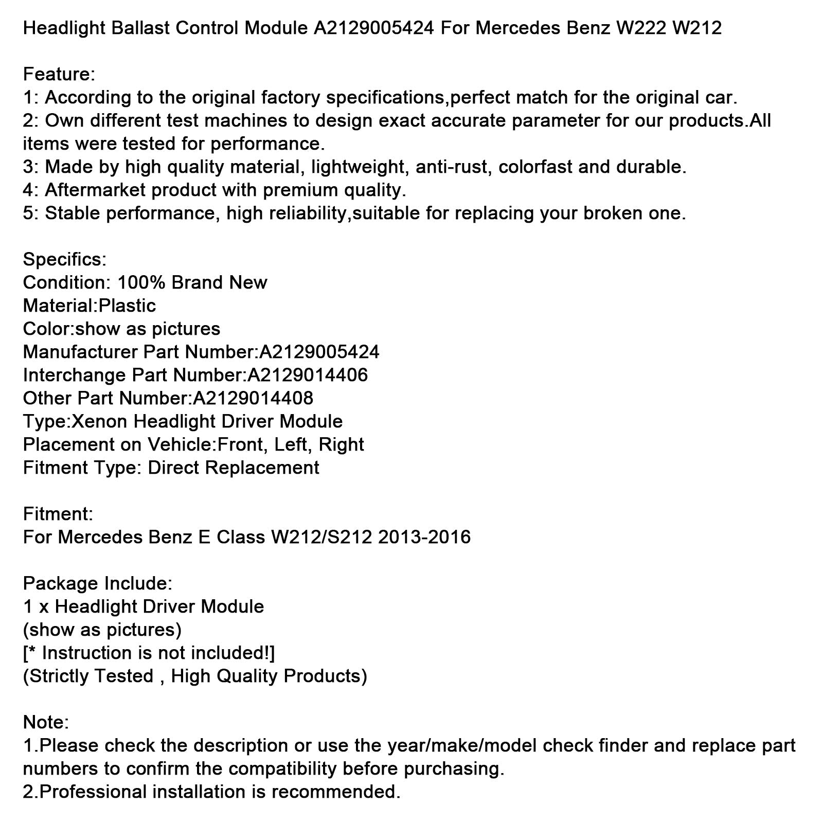 2013-2016 Mercedes Benz W212/S212 Headlight Ballast Control Module A2129005424