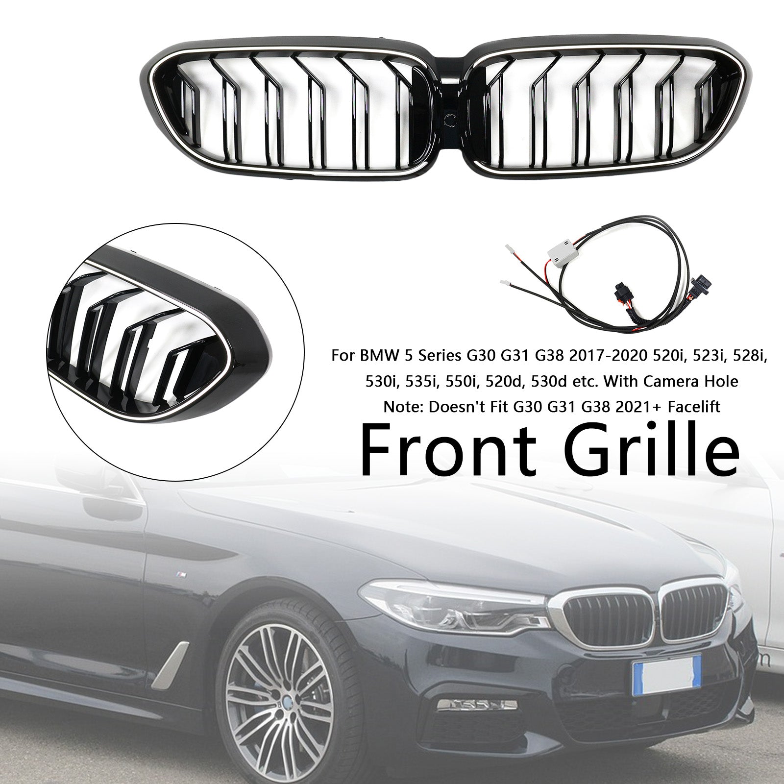 Double Slat Front Kidney Grille Fit BMW 5 Series G30 G31 2017-2020 Gloss Black