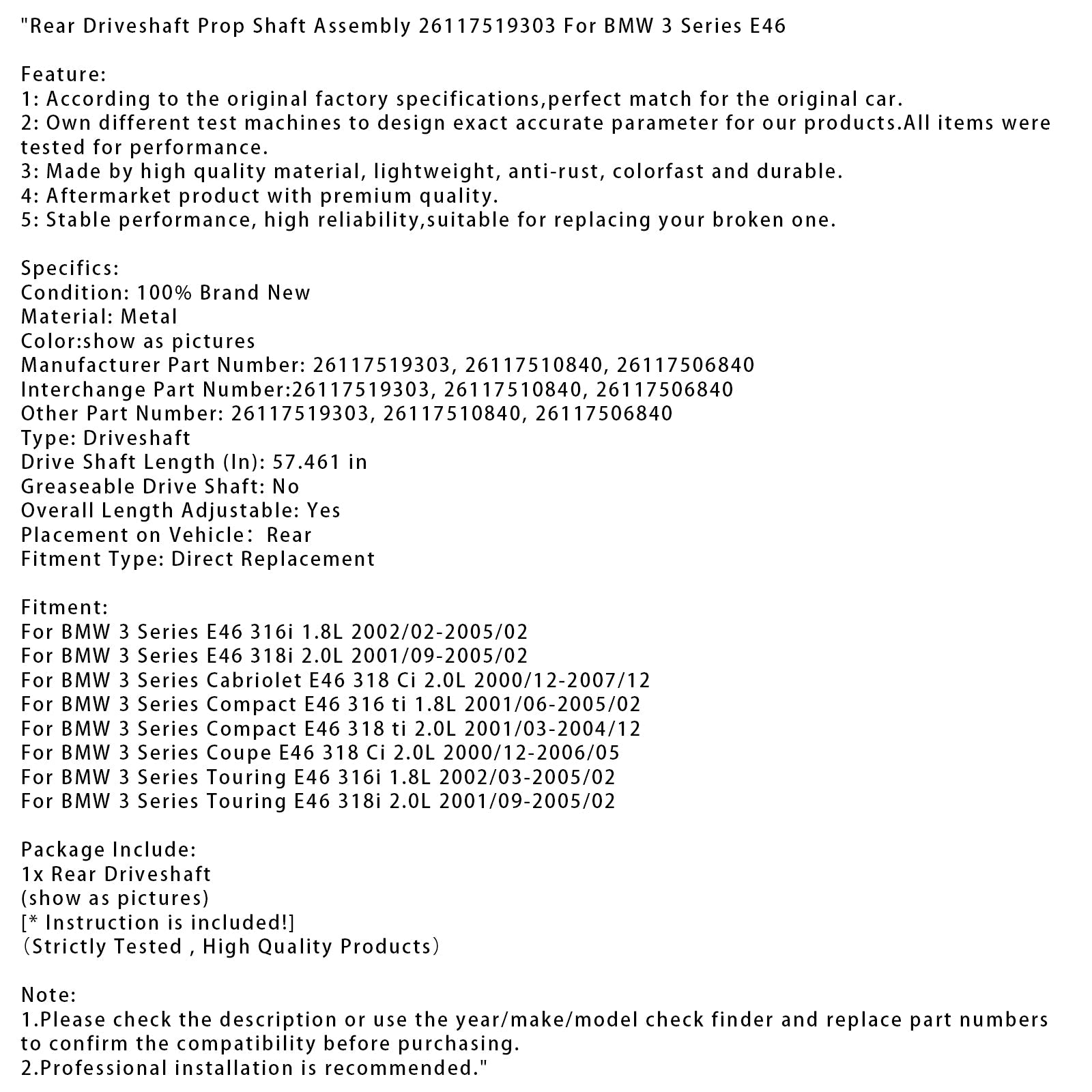 2002/03-2005/02 BMW 3 Series Touring E46 316i 1.8L Rear Driveshaft Prop Shaft Assembly 26117519303