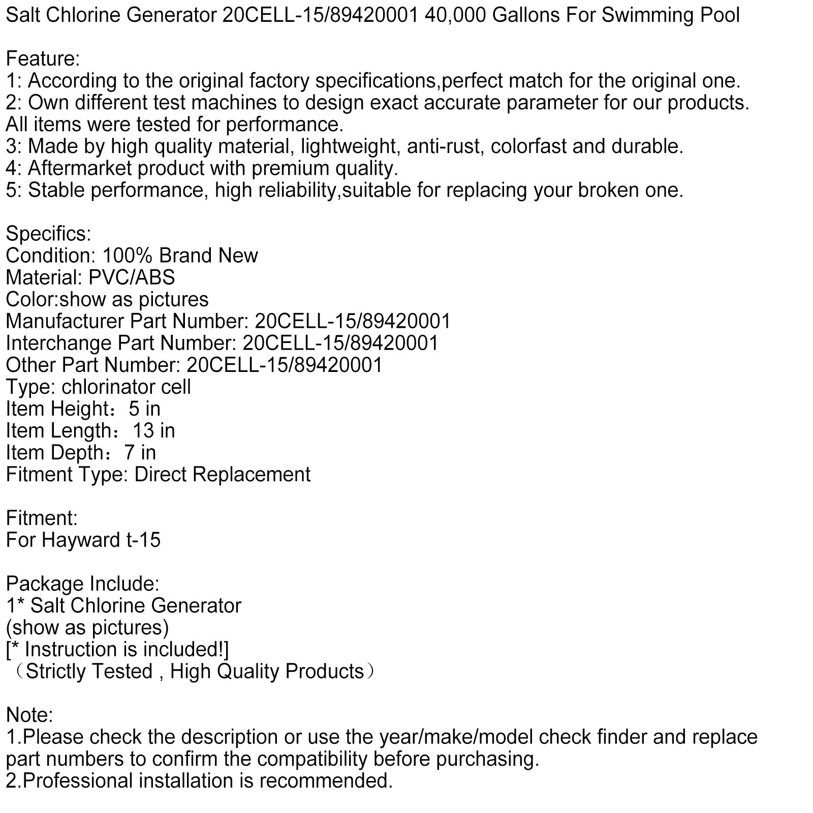 Salt Chlorine Generator 20CELL-15/89420001 40,000 Gallons For Swimming Pool