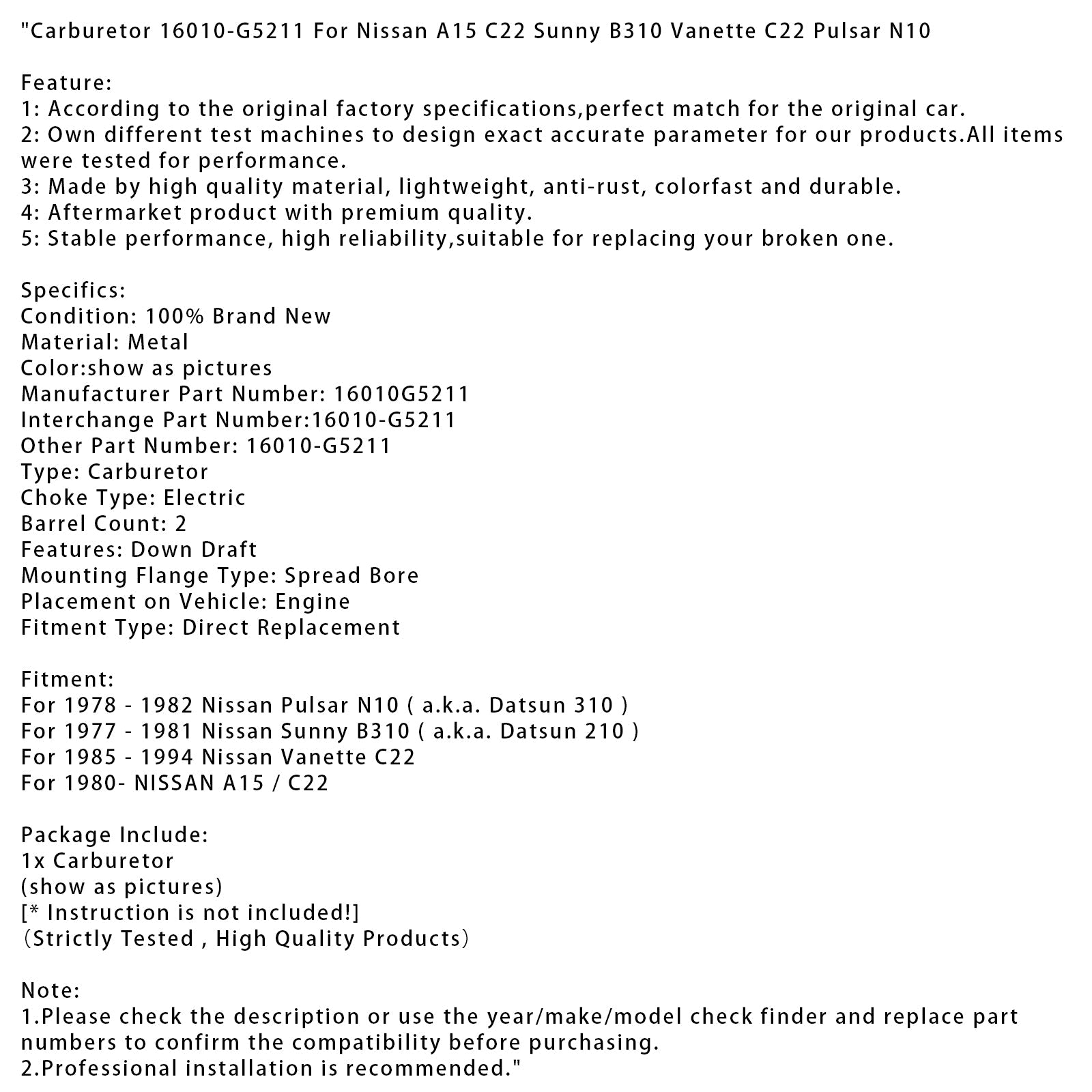 1980+ NISSAN A15 / C22 Carburetor 16010-G5211