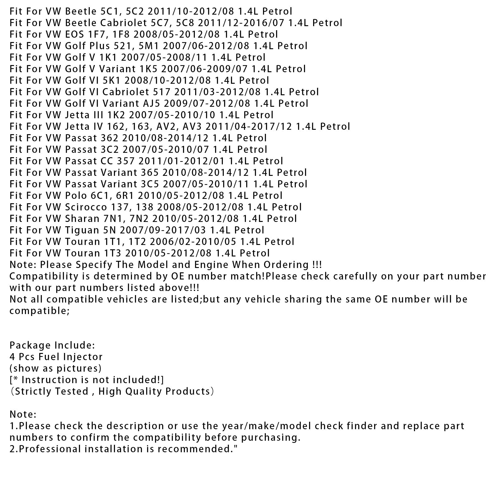 4Pcs Fuel Injector For VW Golf V VI Polo Audi A1 1.4L 03C906036E 03C906036M