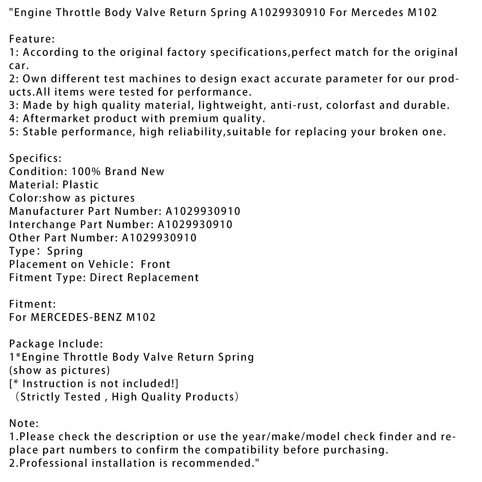 Mercedes M102 Engine Throttle Body Valve Return Spring A1029930910