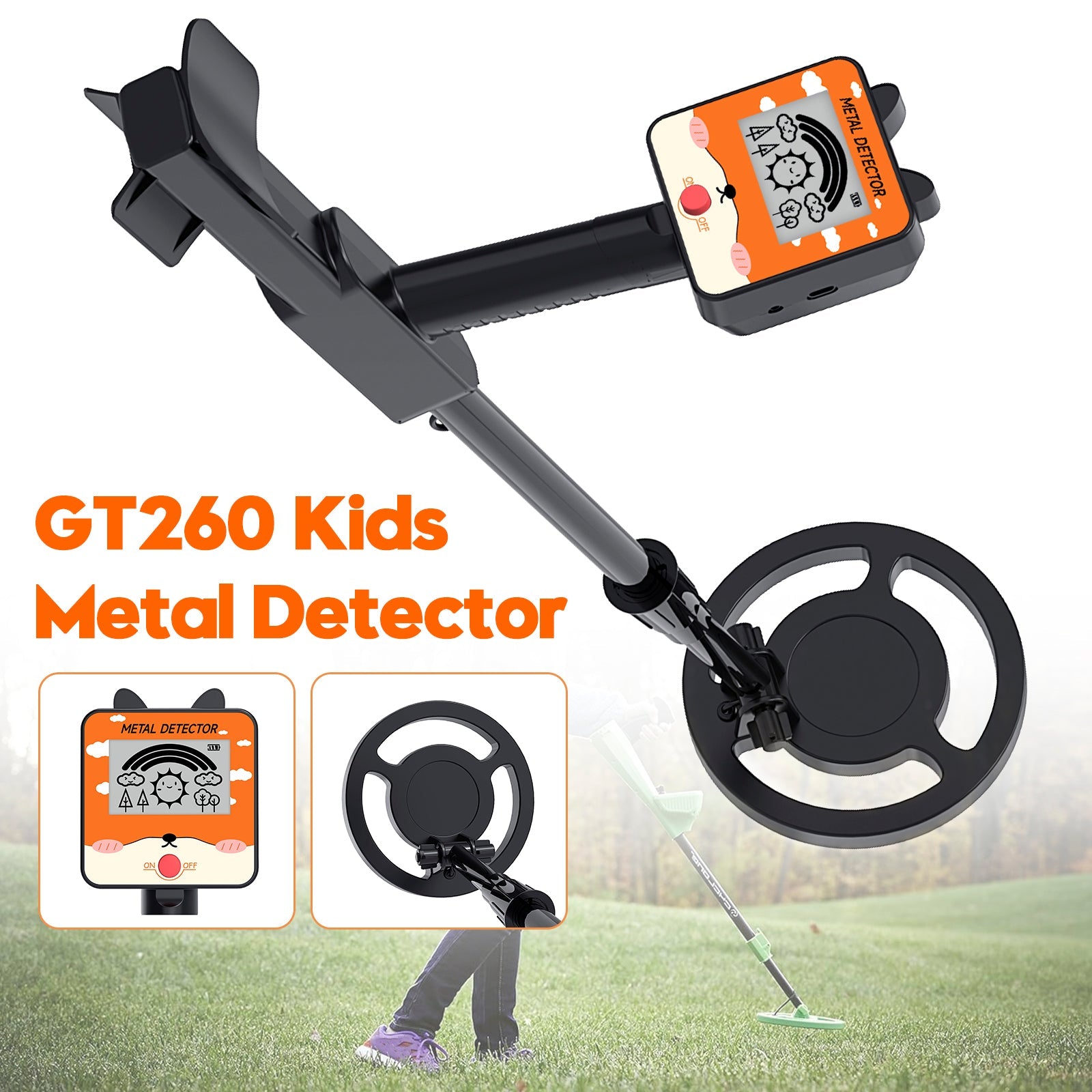 GT260 Kids Child Treasure Seeker Metal Detector Waterproof 6.3"Search Coil Black