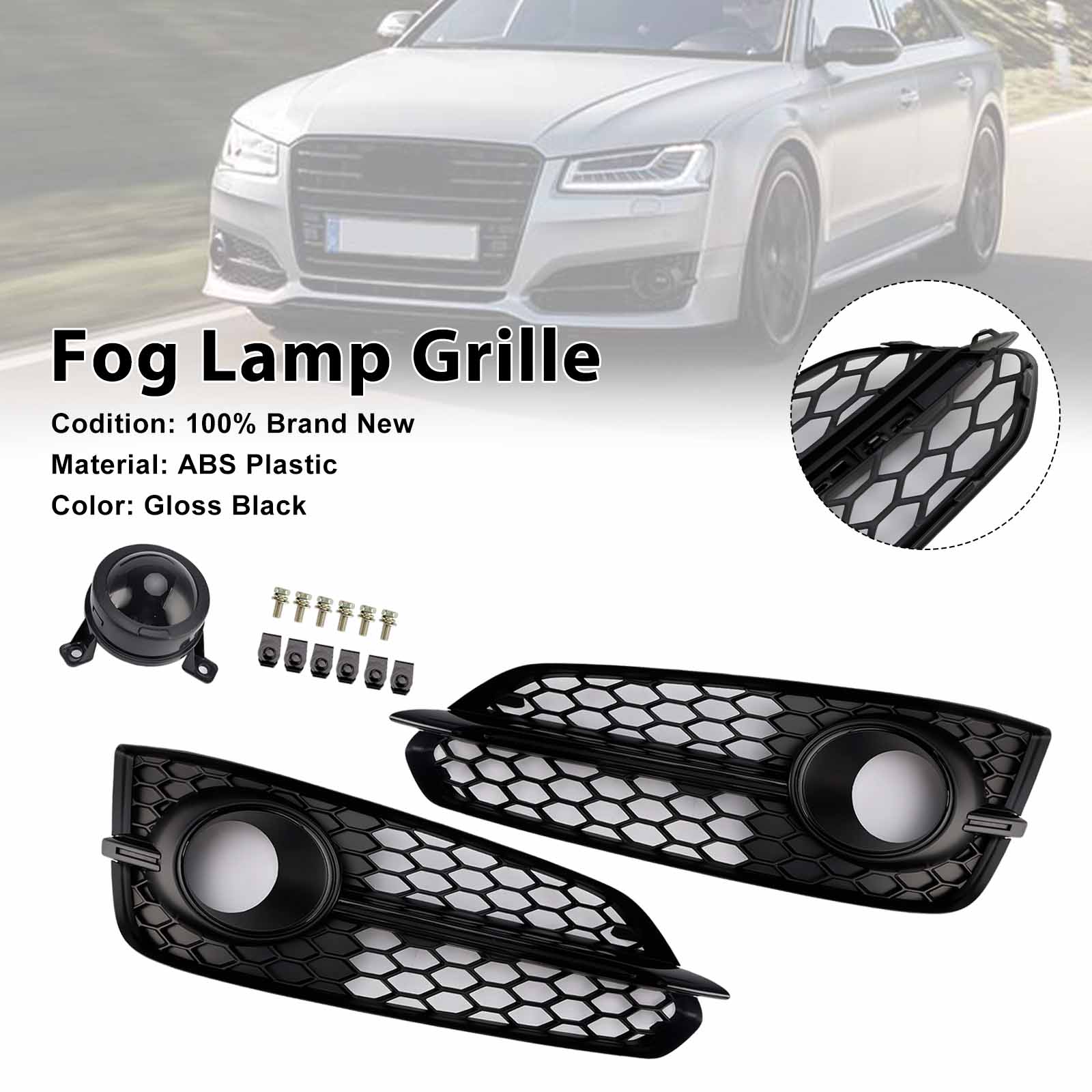 2015-2017 Audi A8 S8 2PCS Black Front Fog Grill Grille Light Cover