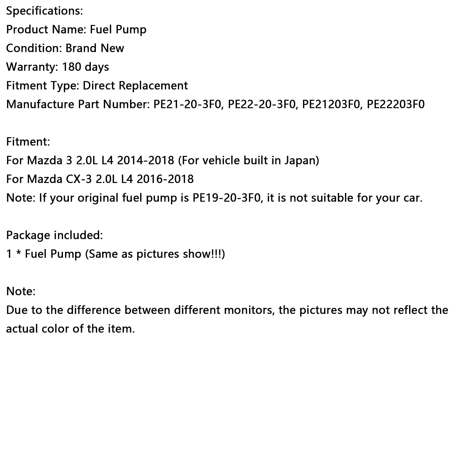 2014-2018 Mazda 3 2.0L L4 High Pressure Fuel Pump PE22-20-3F0 PE22203F0