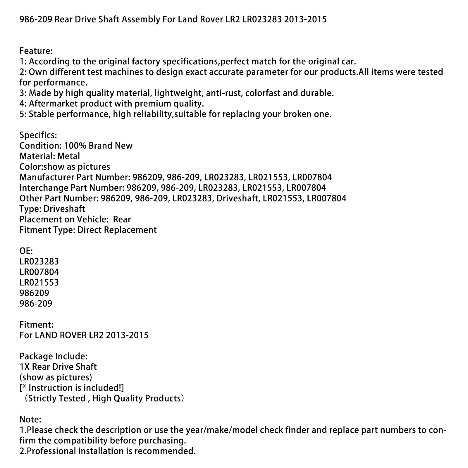 2013-2015 Land Rover LR2 LR023283 Rear Drive Shaft Assembly 986-209