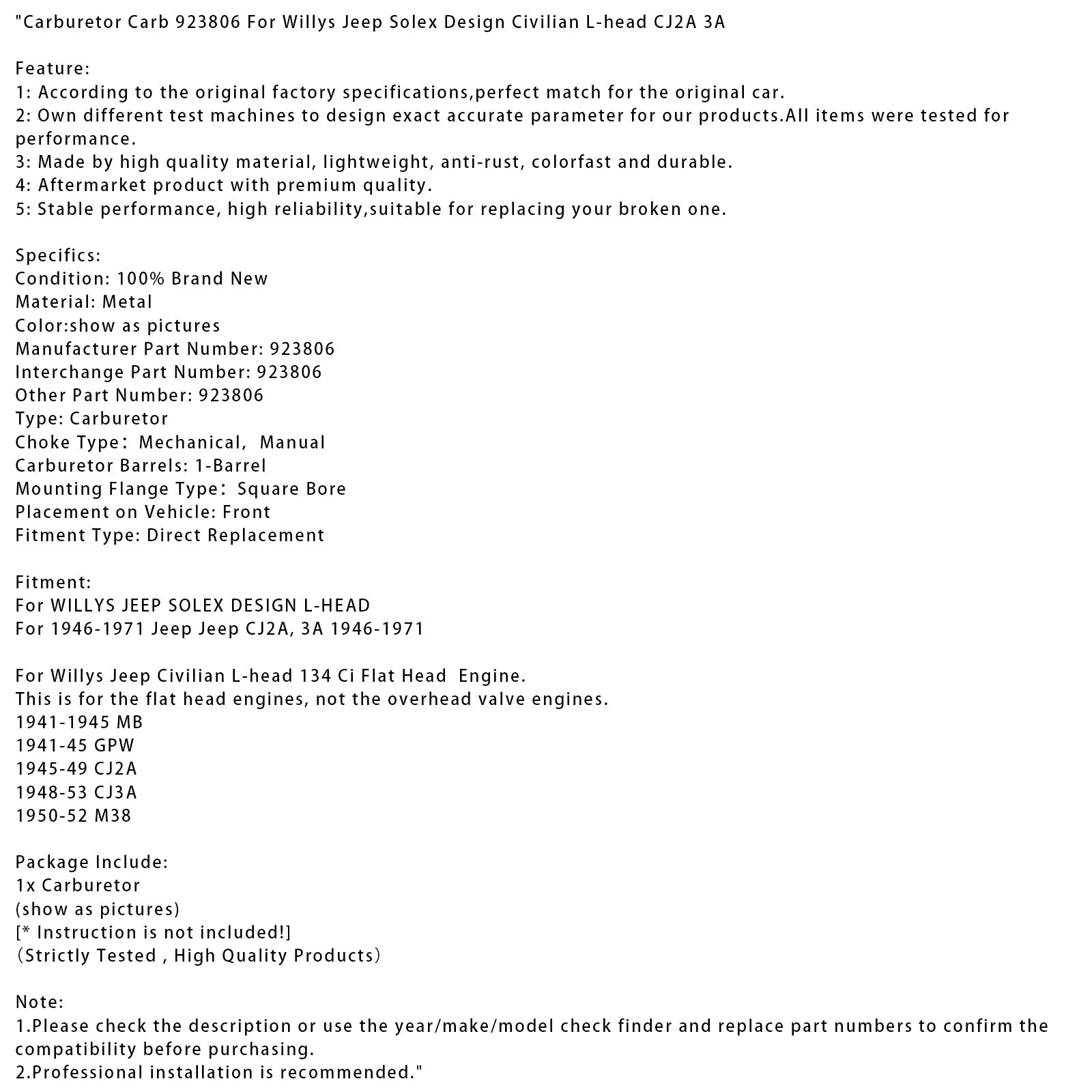 Carburetor Carb 923806 Fit For Willys Jeep Solex Design Civilian L-head CJ2A 3A
