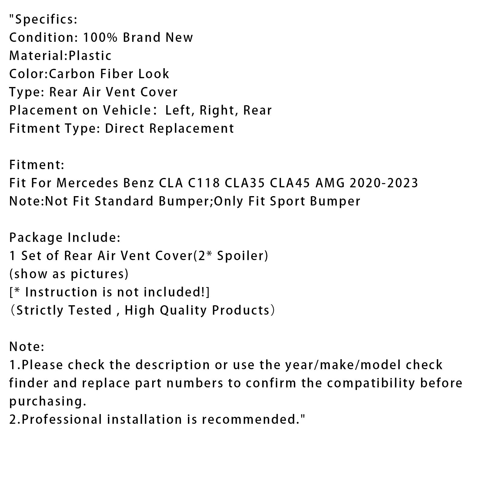 2020+ Benz CLA C118 CLA45 AMG Carbon Look Rear Air Vent Cover For