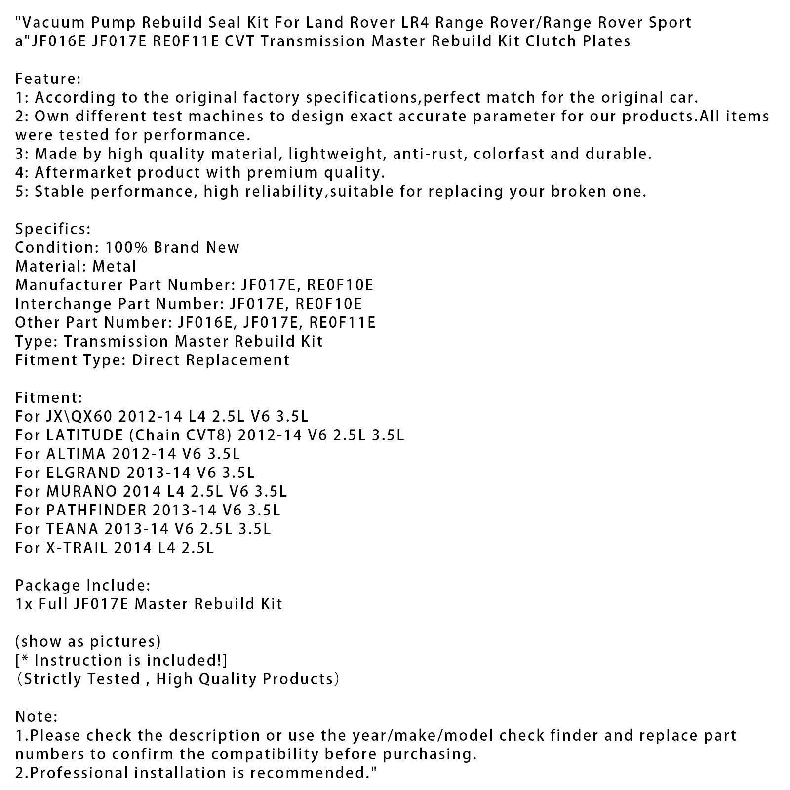 2014 X-TRAIL L4 2.5L CVT Transmission Master Rebuild Kit Clutch Plates F016E JF017E RE0F11E