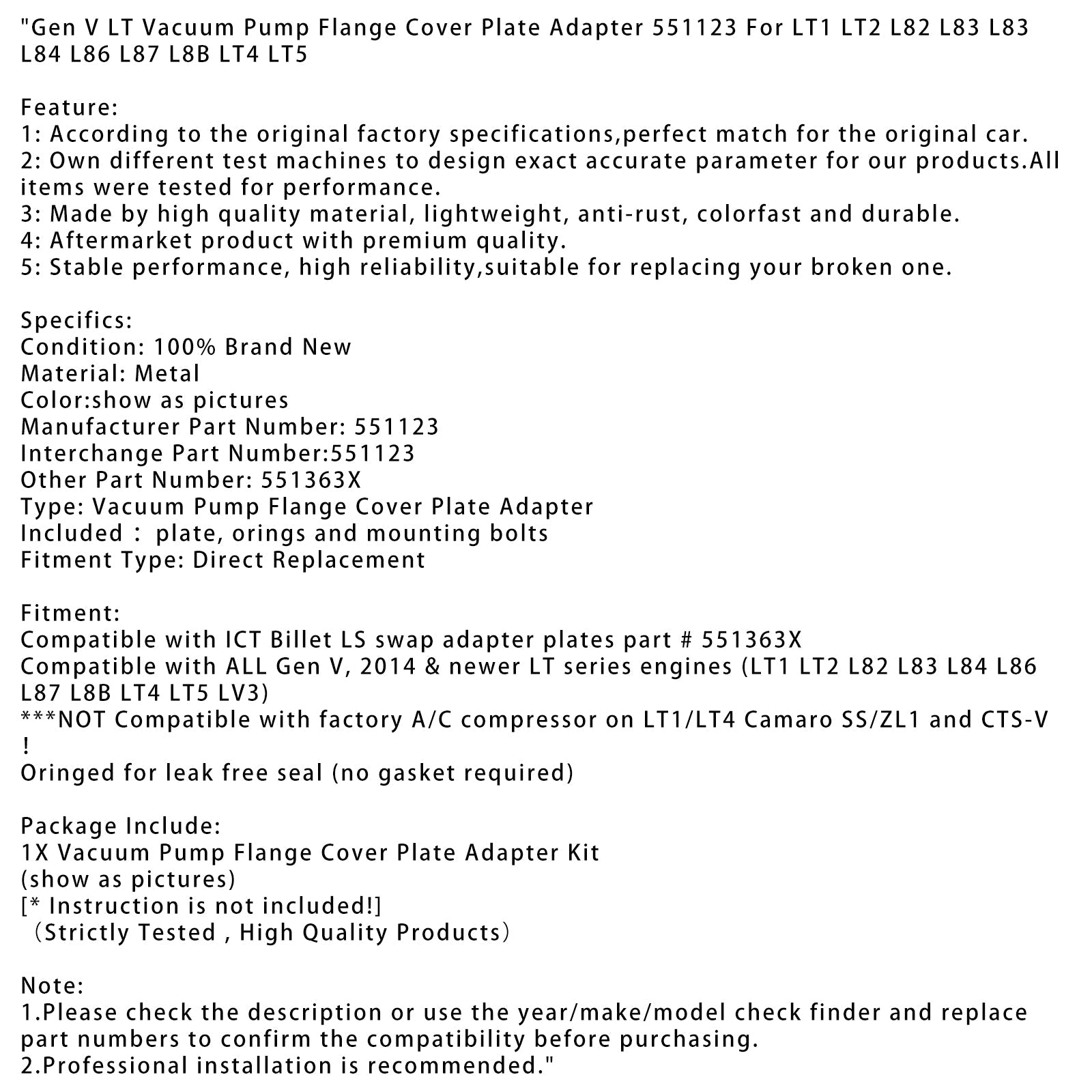 Gen V LT Vacuum Pump Flange Cover Plate Adapter 551123 For LT1 LT2 L82 L83