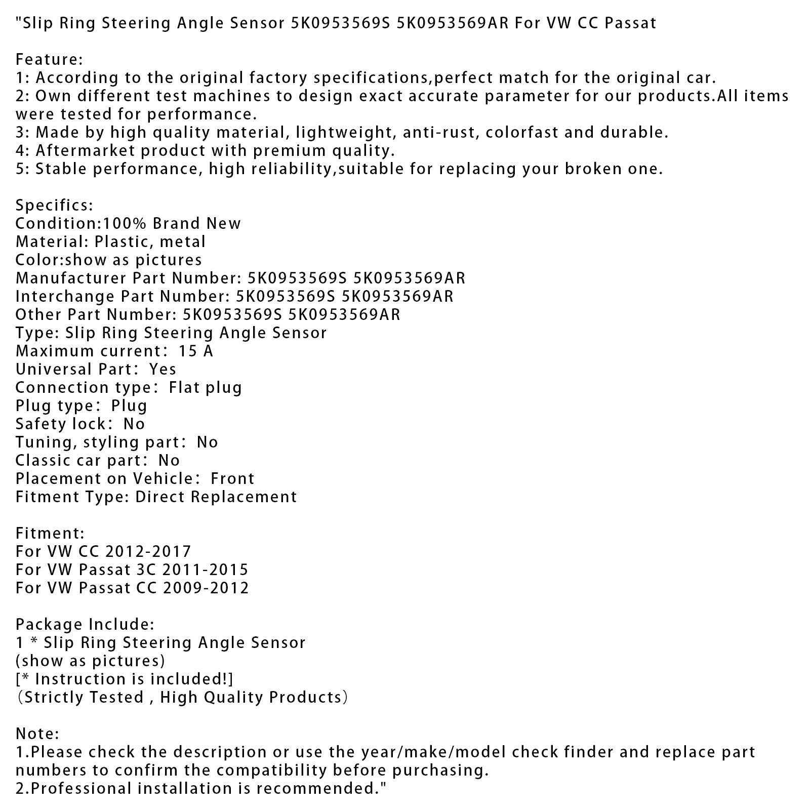 Slip Ring Steering Angle Sensor 5K0953569S 5K0953569AR For VW CC Passat