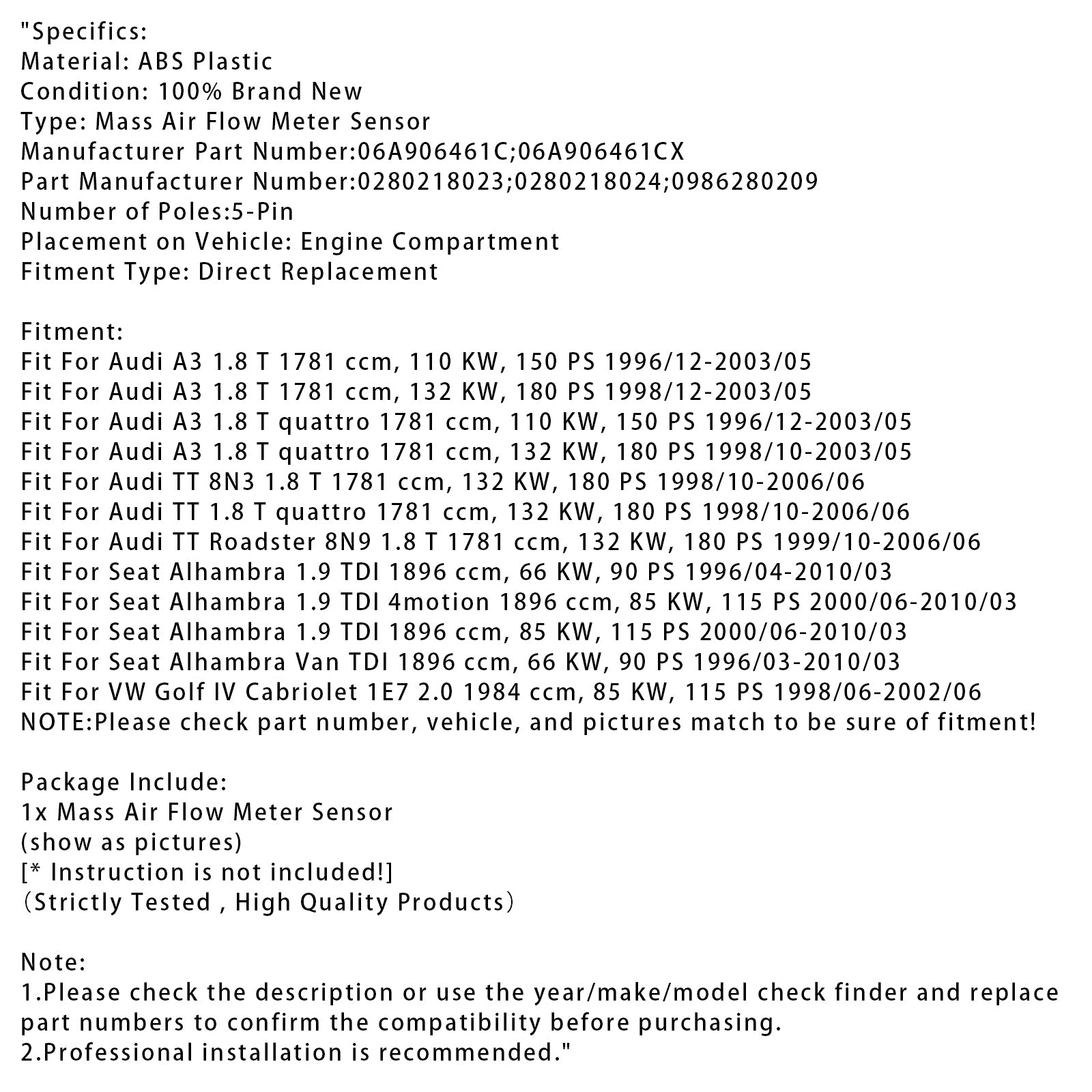 Mass Air Flow Meter Sensor For Audi A3 TT Volkswagen Cabriolet 06A906461C