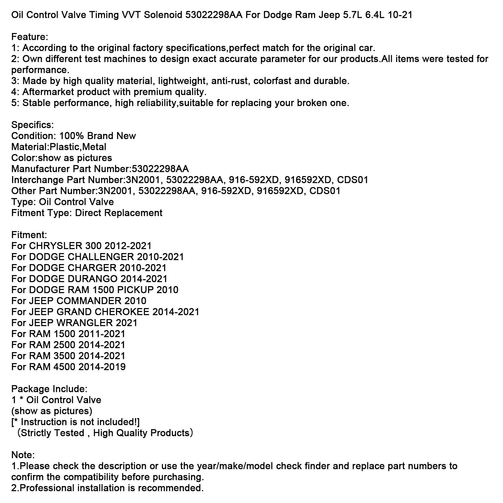 Oil Control Valve Timing VVT Solenoid 53022298AA For Dodge Ram Jeep 10-21
