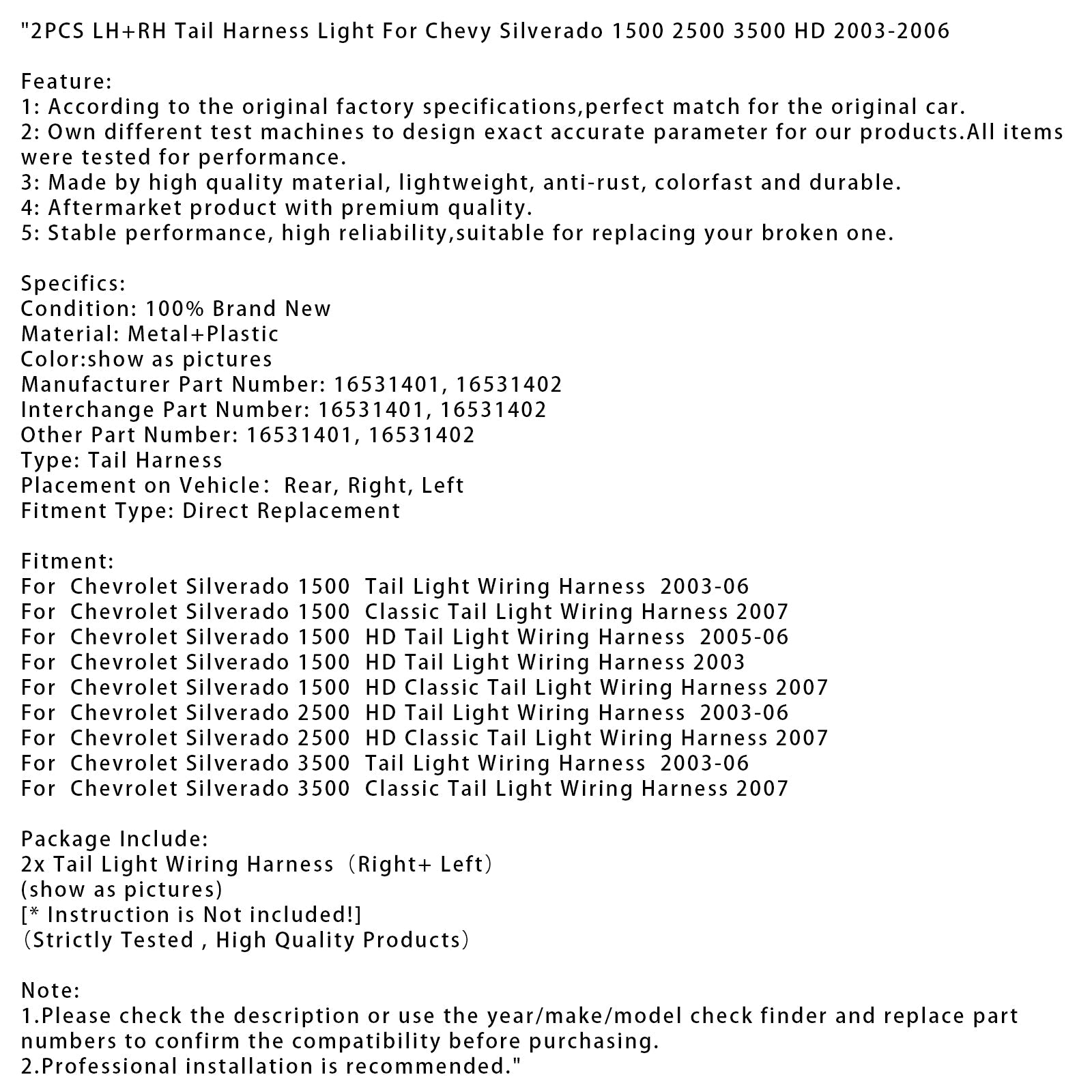 2PCS LH+RH Tail Harness Light For Chevy Silverado 1500 2500 3500 HD 2003-2006