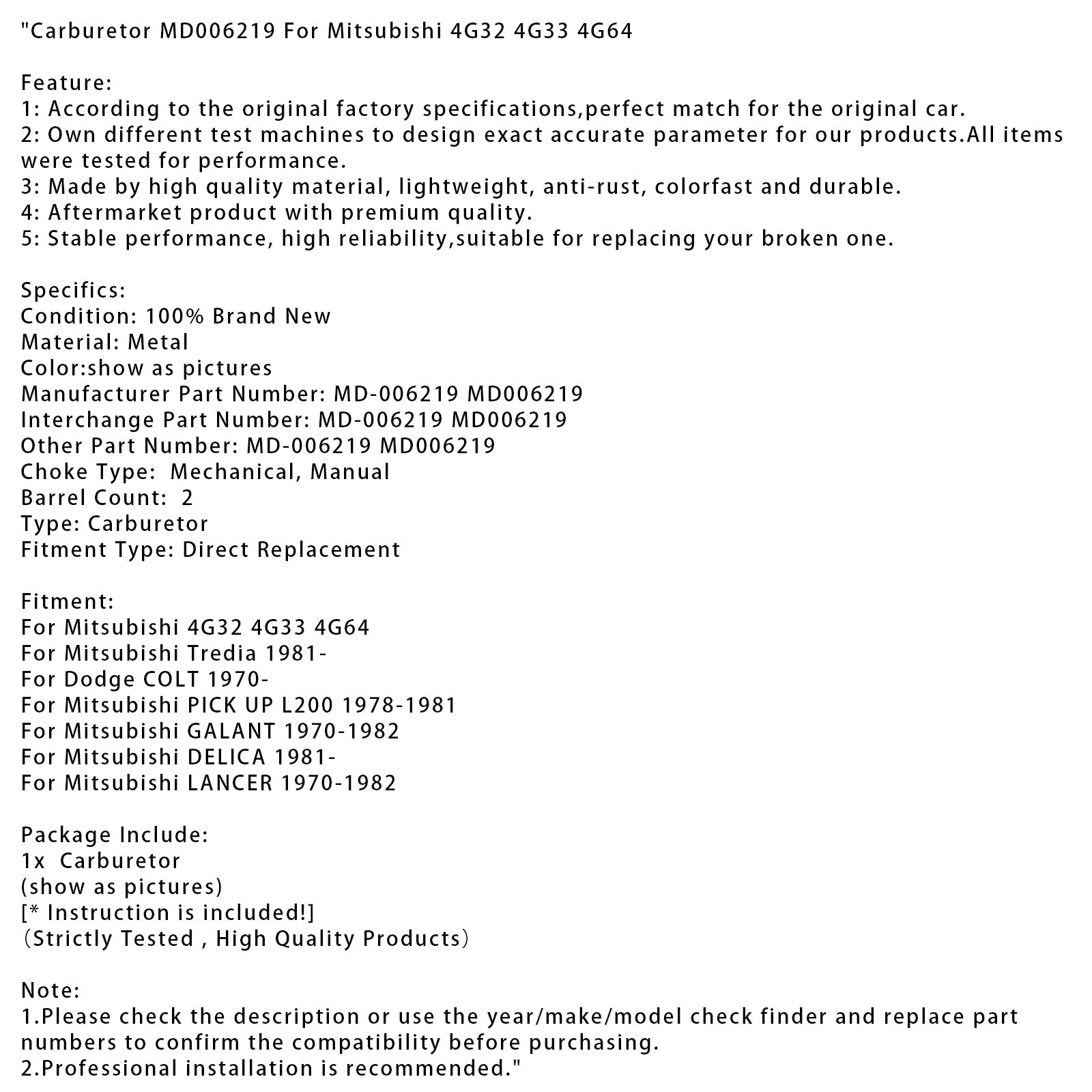 1970-1982 Mitsubishi GALANT Carburetor MD006219 MD-006219