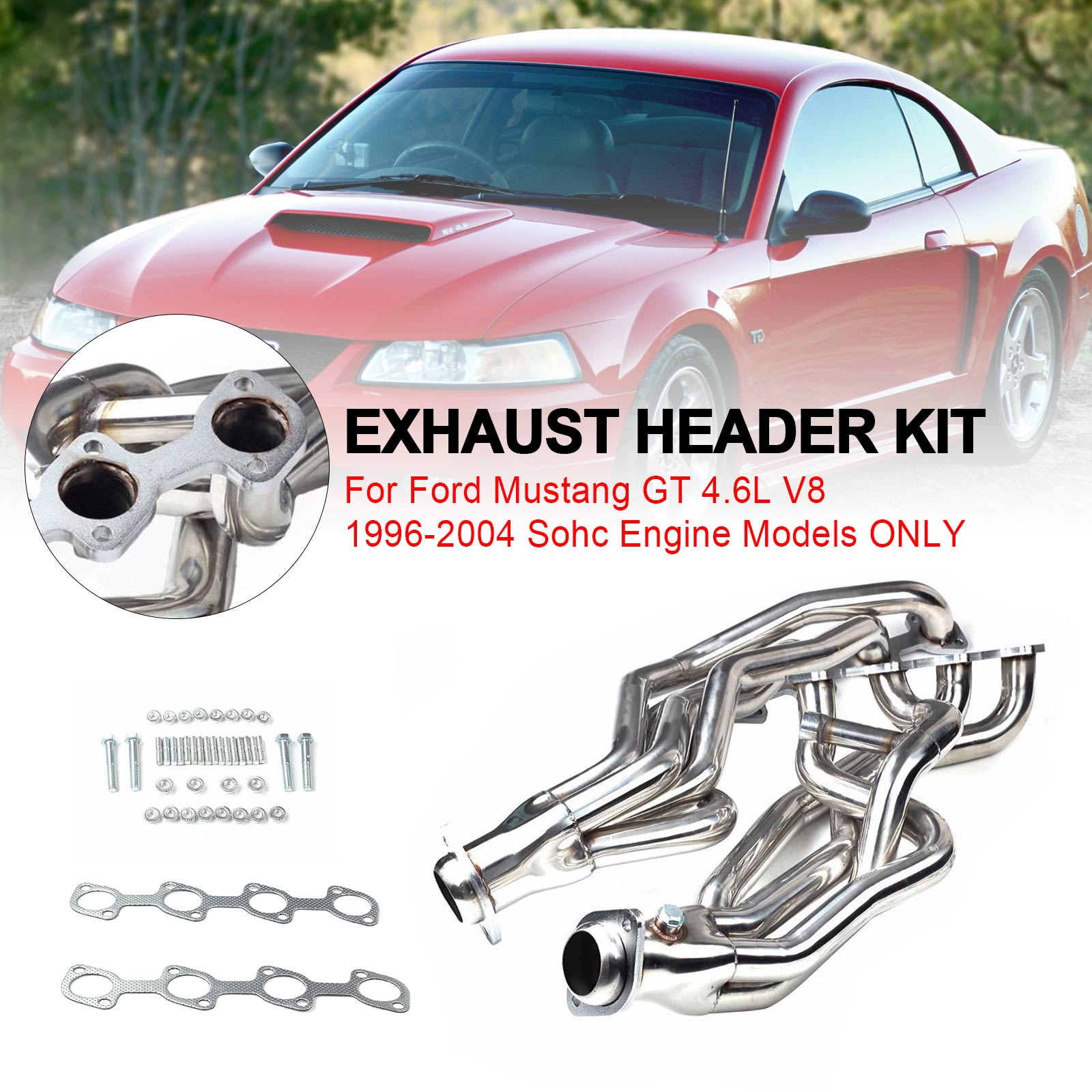 Pair Stainless Exhaust Manifold Headers Fit Ford Mustang GT V8 4.6L 1996-2004