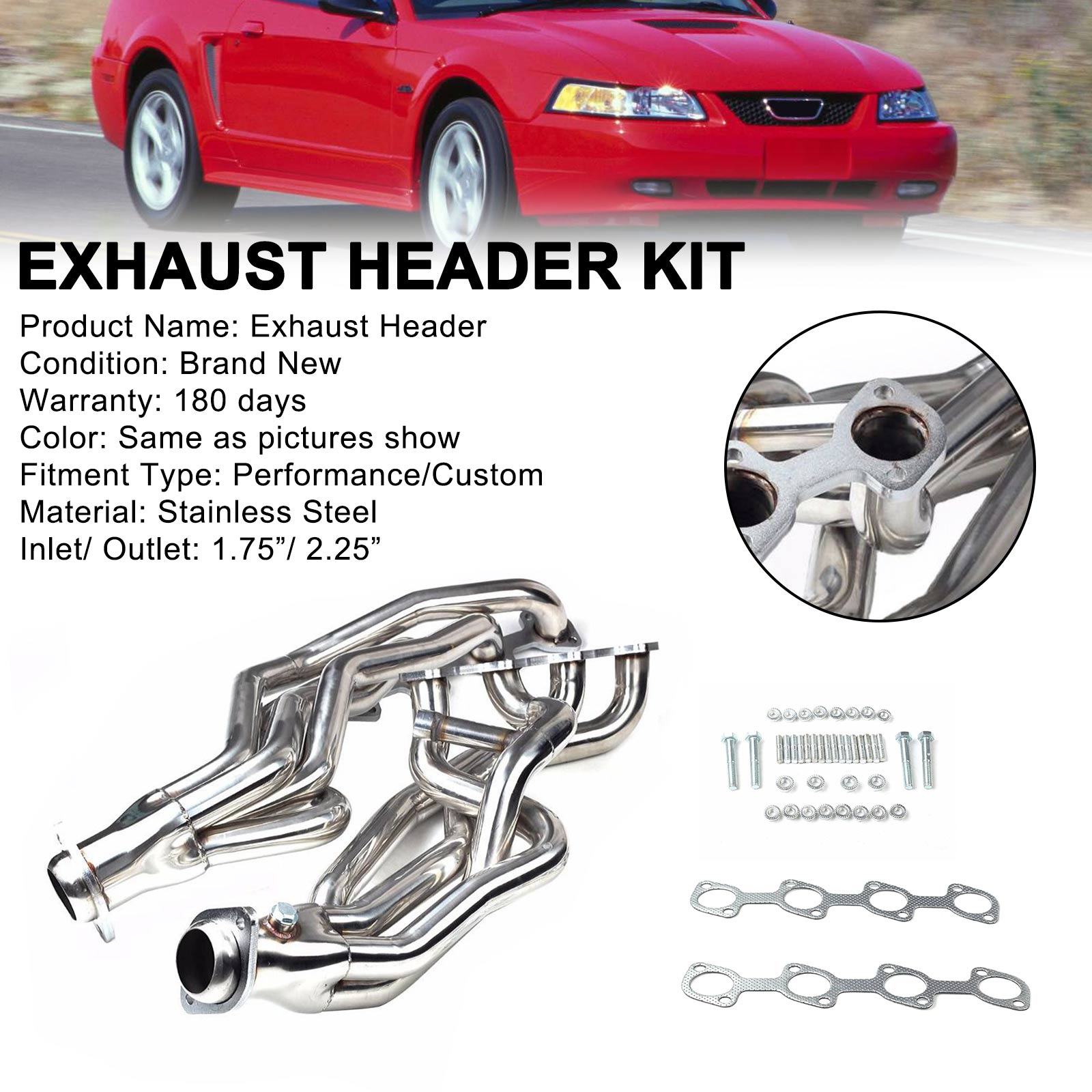 Pair Stainless Exhaust Manifold Headers Fit Ford Mustang GT V8 4.6L 1996-2004