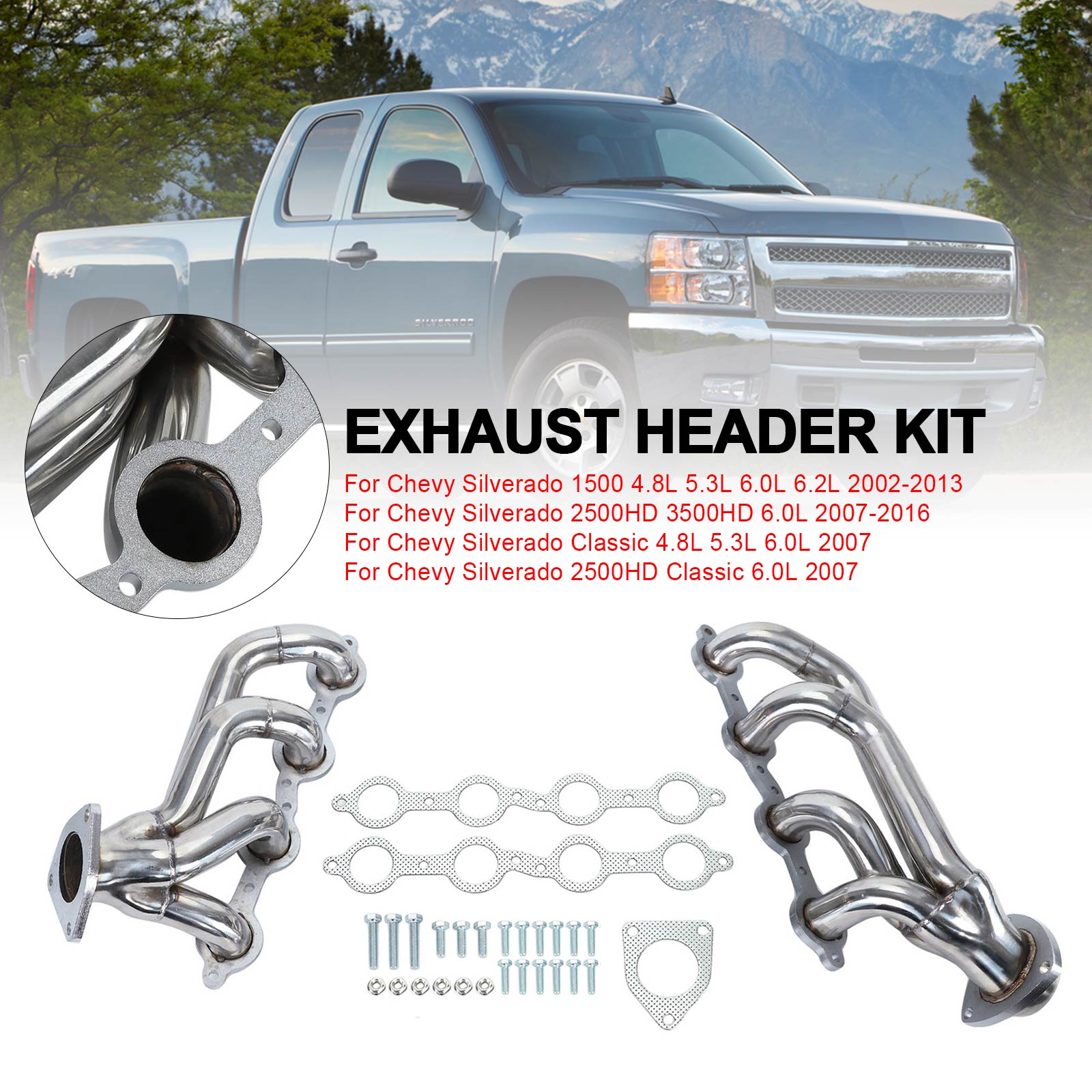 Exhaust Headers Fit Chevy Silverado 1500 2500HD 3500HD 4.8 5.3 6.0L 2002-2016
