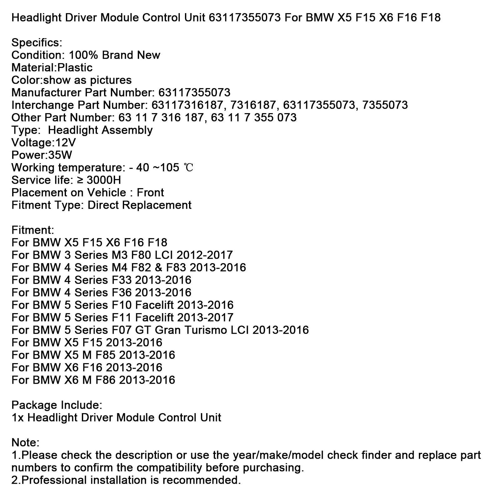 Headlight Driver Module Control Unit 63117355073 For BMW X5 F15 X6 F16 F18